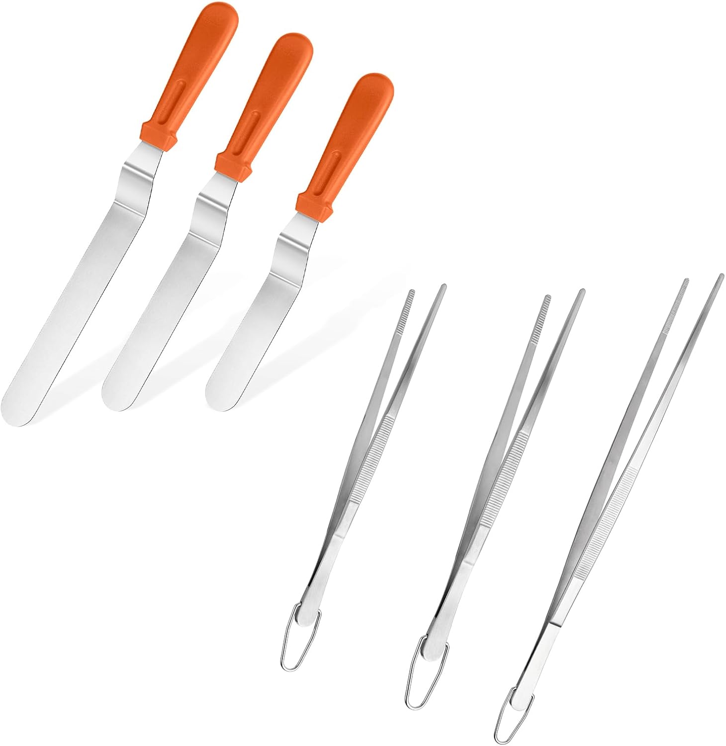 Icing Spatula, Stainless Steel Angled Cake Decorating Frosting Spatula Set of 3 Orange , and 8"+10"+12" Kitchen Cooking Tweezer: 18/8 Stainless Steel Metal Food Tong Pointed Tip
