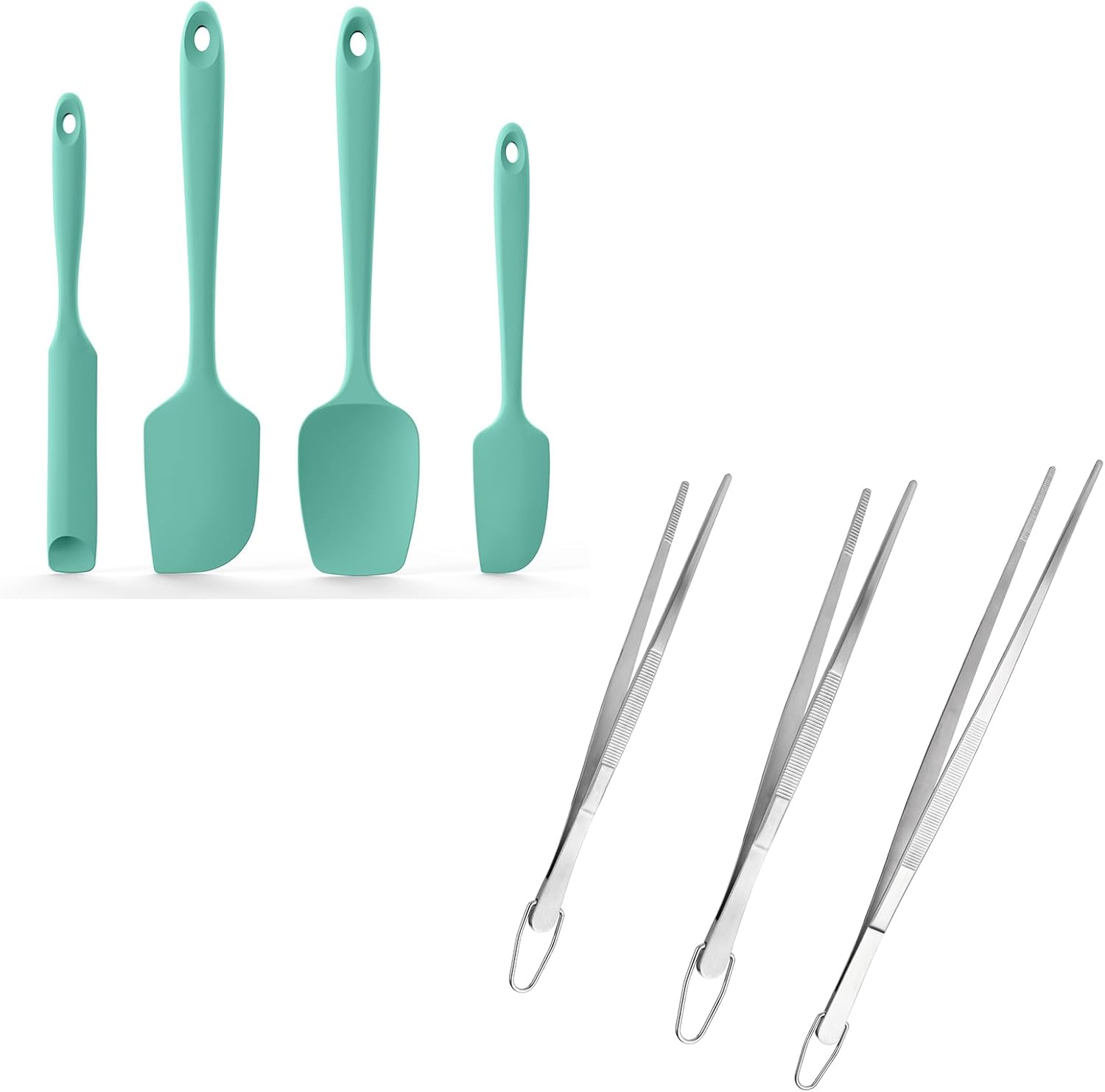 600ºF Heat Resistant Silicone Spatulas: Kitchen Cooking Mixing Utensils 4PCS, Aqua Sky and 8"+10"+12" Kitchen Cooking Tweezer: 18/8 Stainless Steel Food-Grade Metal Food Tong Pointed Tip