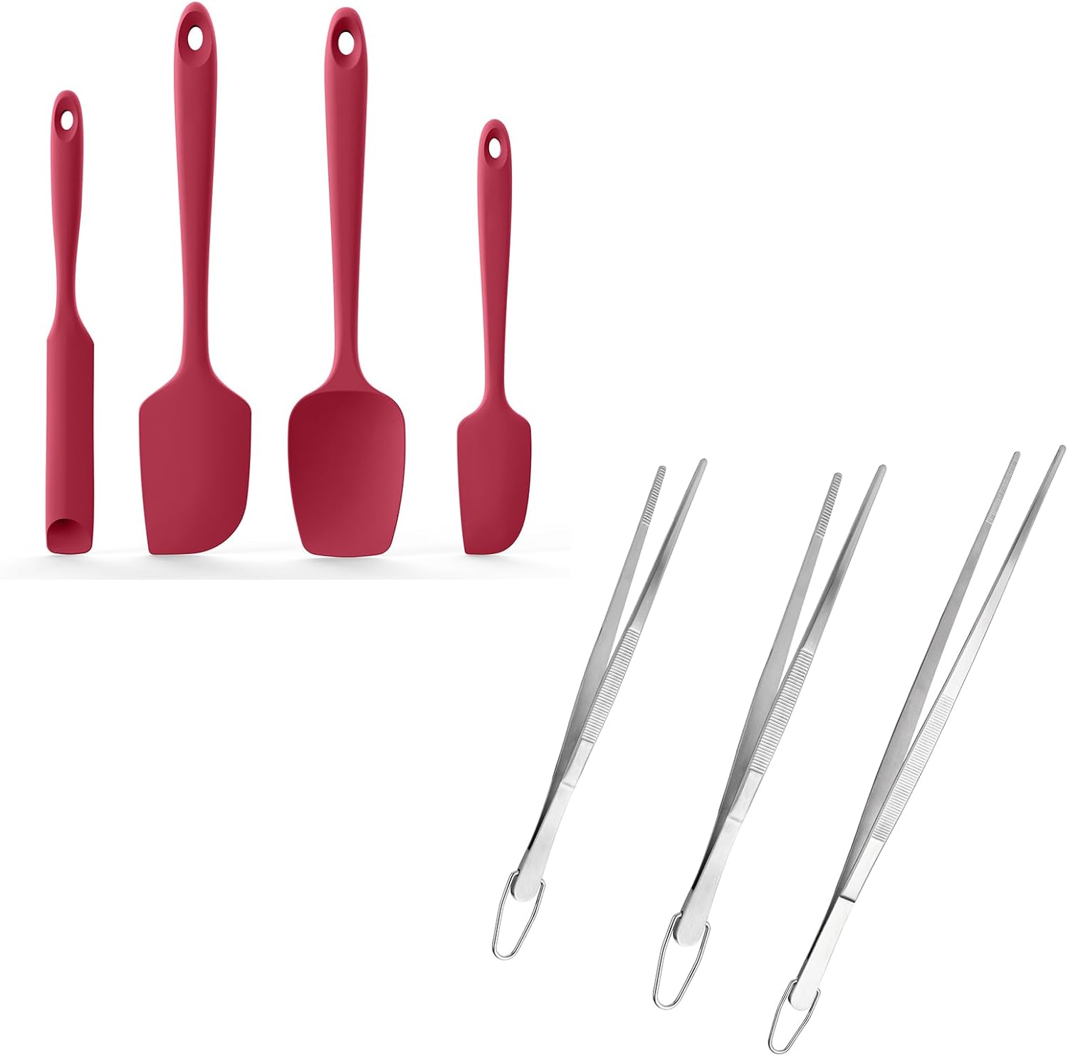 600ºF Heat Resistant Silicone Spatulas: Kitchen Cooking Mixing Utensils 4PCS, Red and 8"+10"+12" Kitchen Cooking Tweezer: 18/8 Stainless Steel Food-Grade Metal Food Tong Pointed Tip