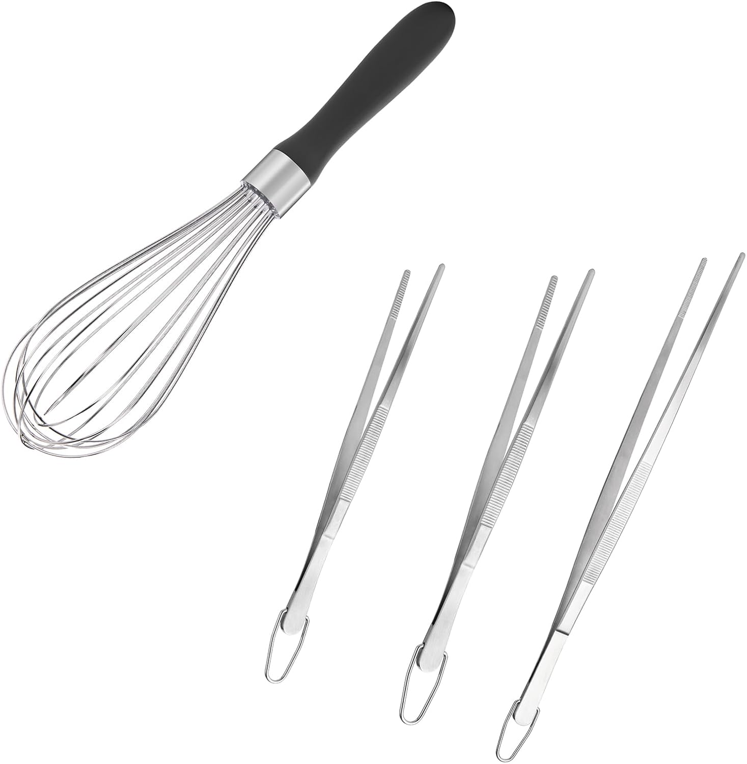Balloon Whisk for Cooking: 18/10 Stainless Steel Medium Kitchen Wire Whisk Black and 8"+10"+12" Kitchen Tweezer: 18/8 Stainless Steel Food-Grade Metal Food Tong Pointed Tip