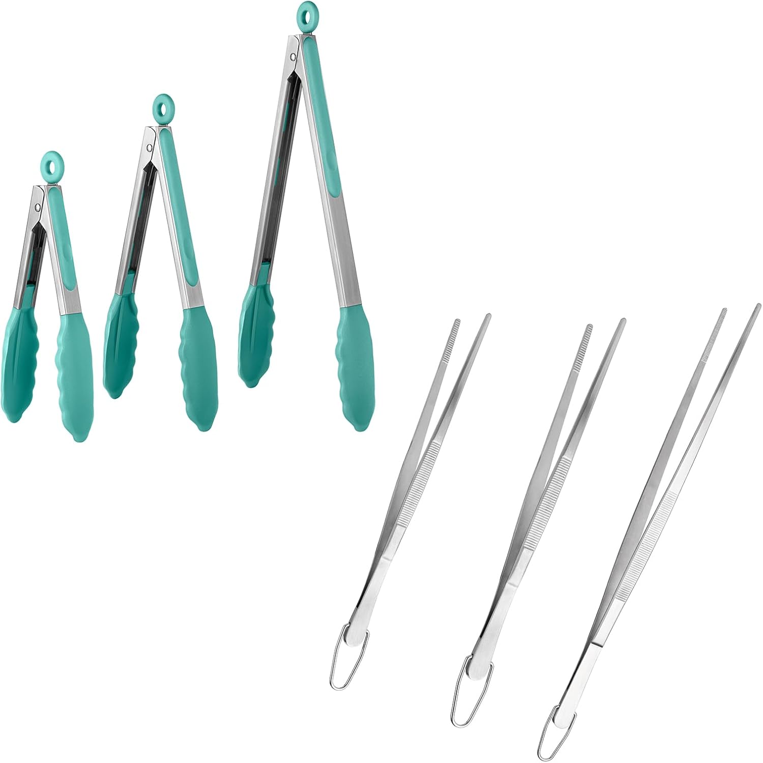 600ºF Heat Resistant 7/9/12 inches Silicone Cooking Tongs with Non Stick Rubber Tips Aqua Sky and 8"+10"+12" Kitchen Tweezer Set:18/8 Stainless Steel Food-Grade Metal Food Tong Pointed Tip