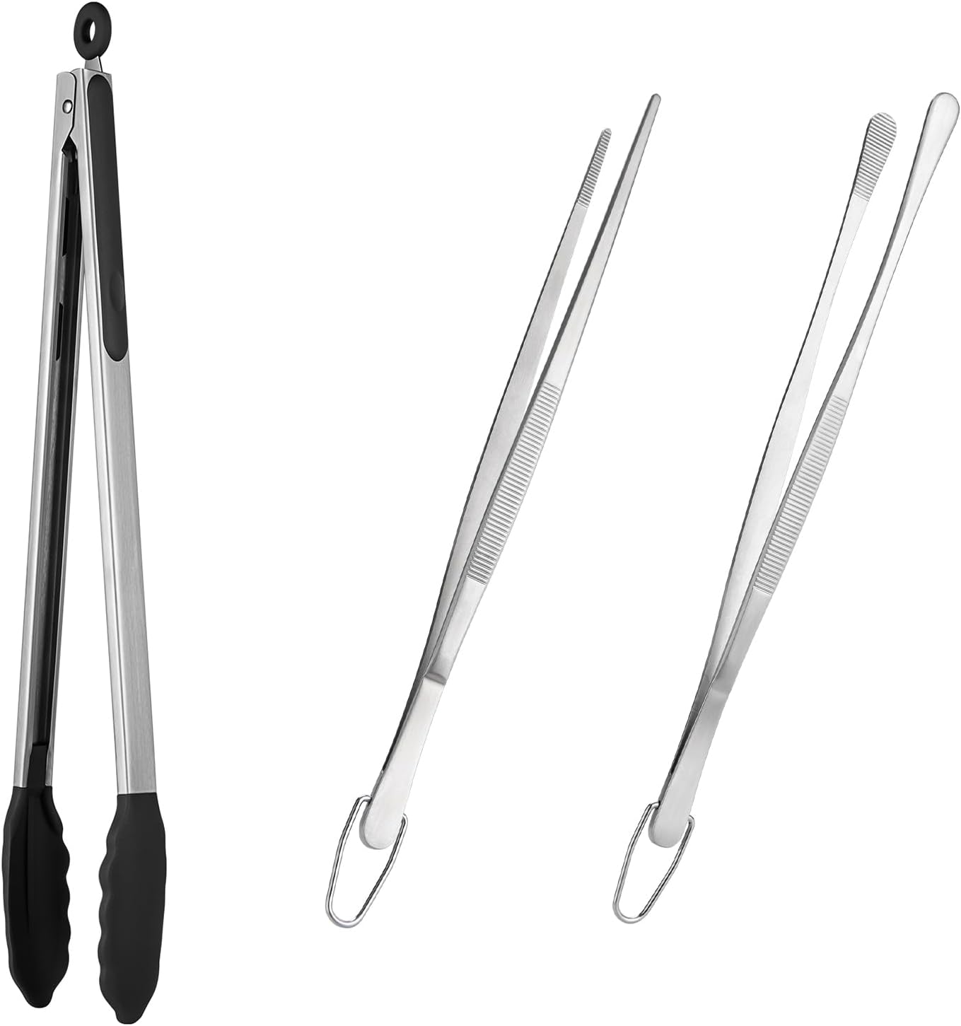 600ºF Heat Resistant 16in Silicone Cooking Tongs with Non Stick Rubber Tips Black and 12" Kitchen Tweezer Set: 18/8 Stainless Steel Food-Grade Metal Food Tong Round & Pointed Tip