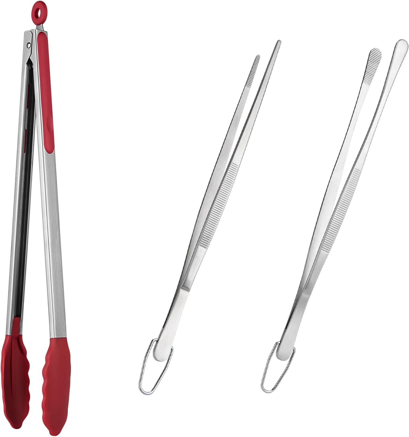 600ºF Heat Resistant 16in Silicone Cooking Tongs with Non Stick Rubber Tips Red and 12" Kitchen Tweezer Set: 18/8 Stainless Steel Food-Grade Metal Food Tong Round & Pointed Tip