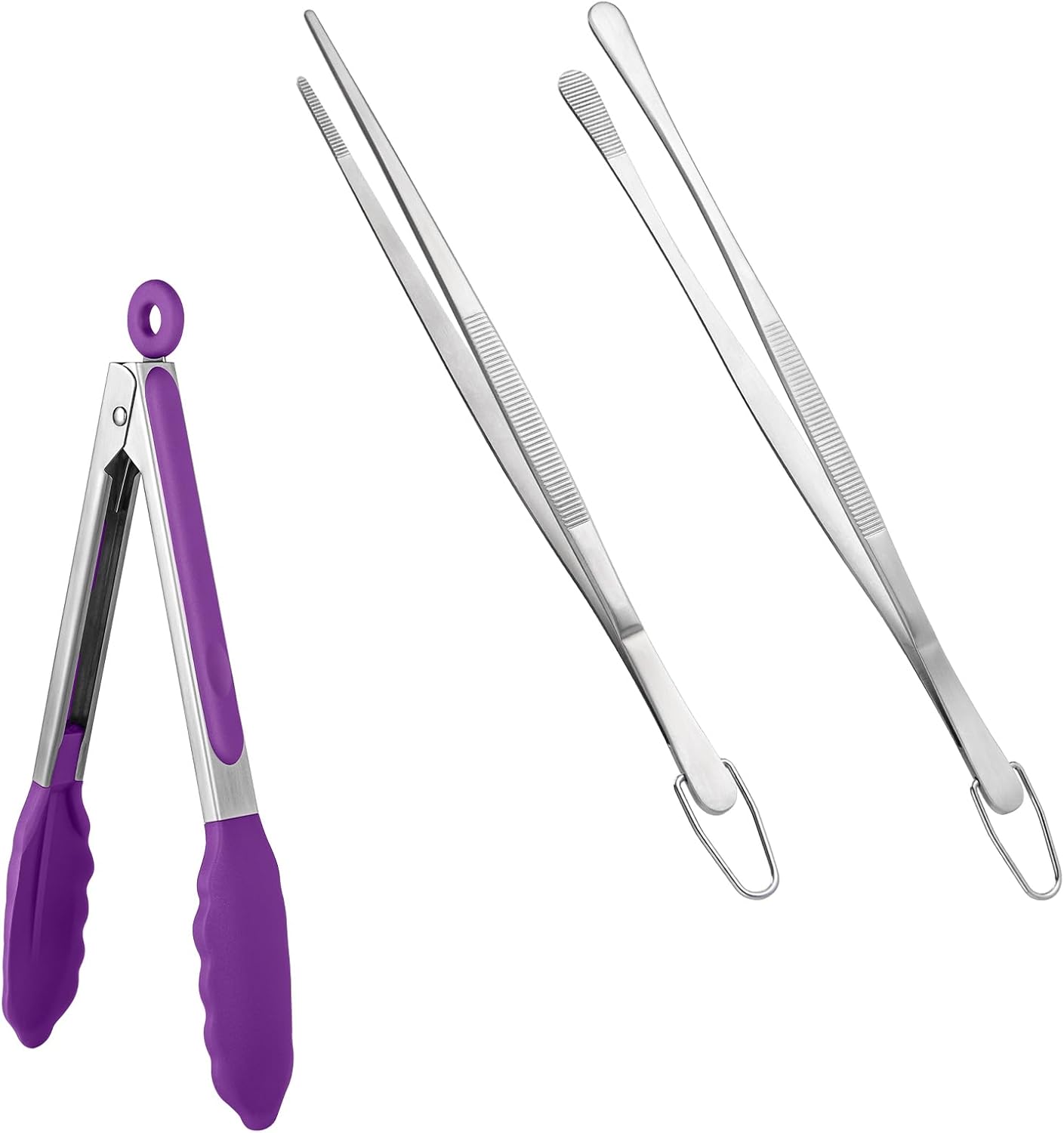 600ºF Heat Resistant 9in Silicone Cooking Tongs with Non Stick Rubber Tips Purple and 10" Kitchen Cooking Tweezer Set: 18/8 Stainless Steel Food-Grade Metal Food Tong Round & Pointed Tip