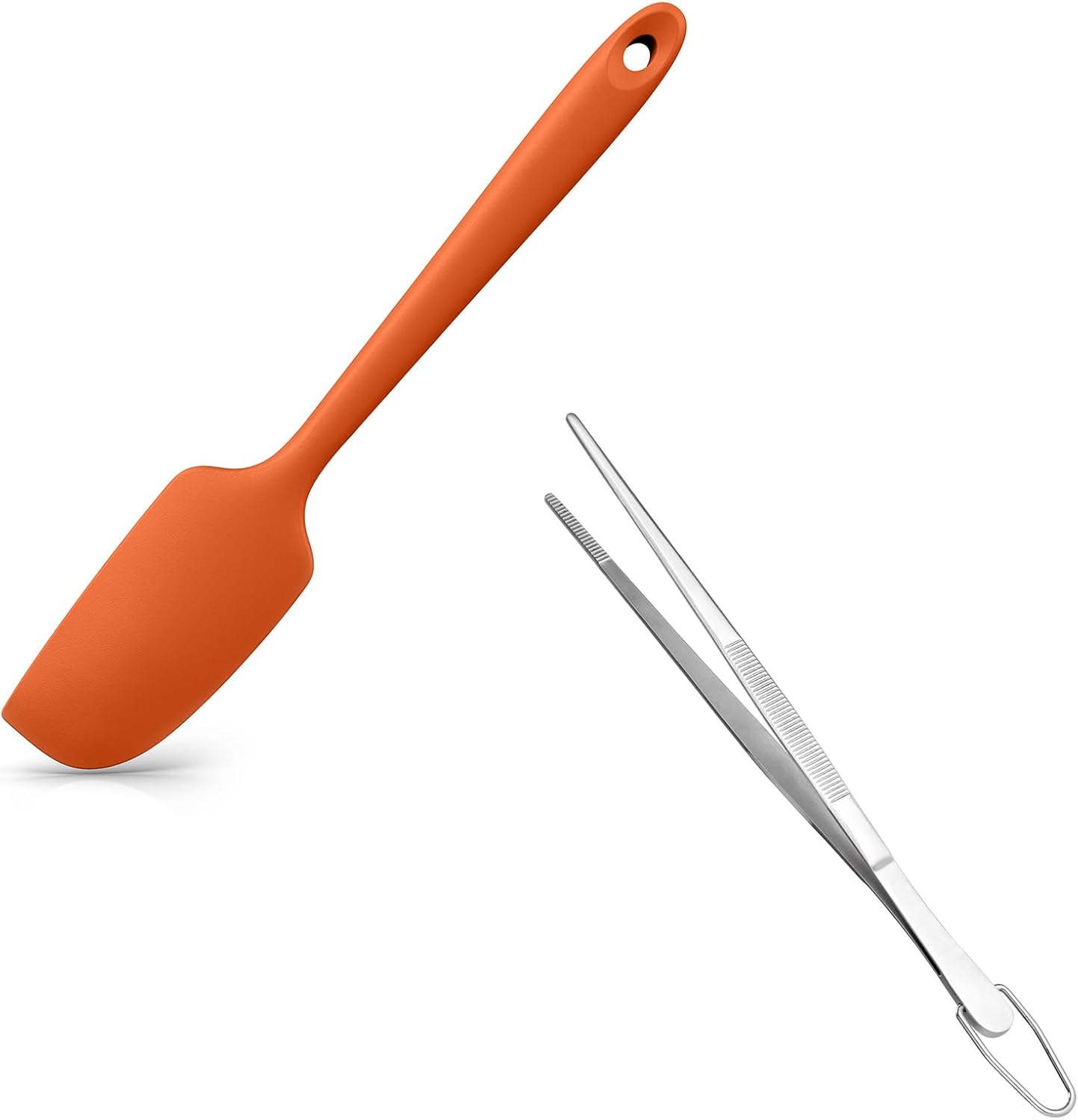 Small Mini Silicone Spatula: 9×2inch 600ºF Heat-Resistant Food-Grade Jar Scraper Orange and 8in Kitchen Plating Tweezer: 18/8 Stainless Steel Food-Grade Metal Food Tong Pointed Tip