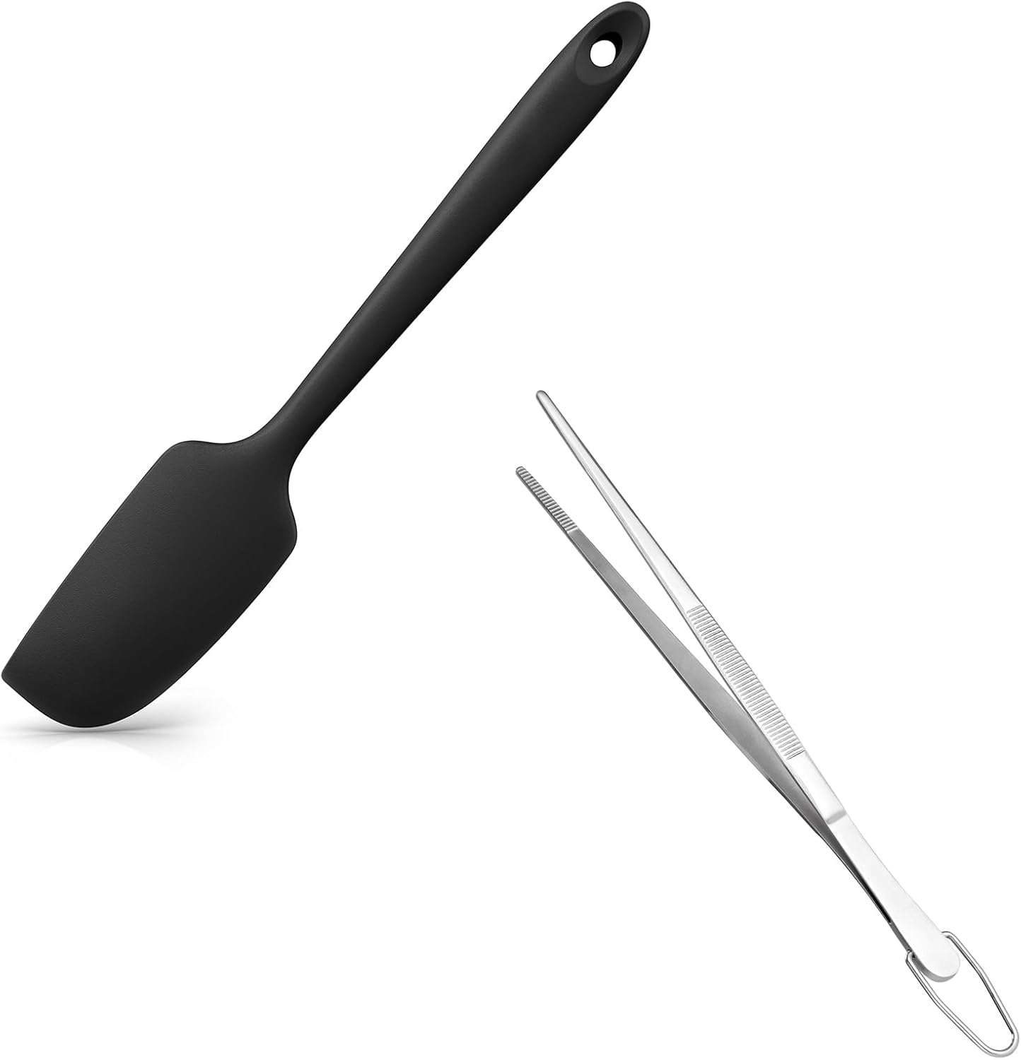 Small Mini Silicone Spatula: 9×2inch 600ºF Heat-Resistant Food-Grade Jar Scraper Black and 8in Kitchen Plating Tweezer: 18/8 Stainless Steel Food-Grade Metal Food Tong Pointed Tip