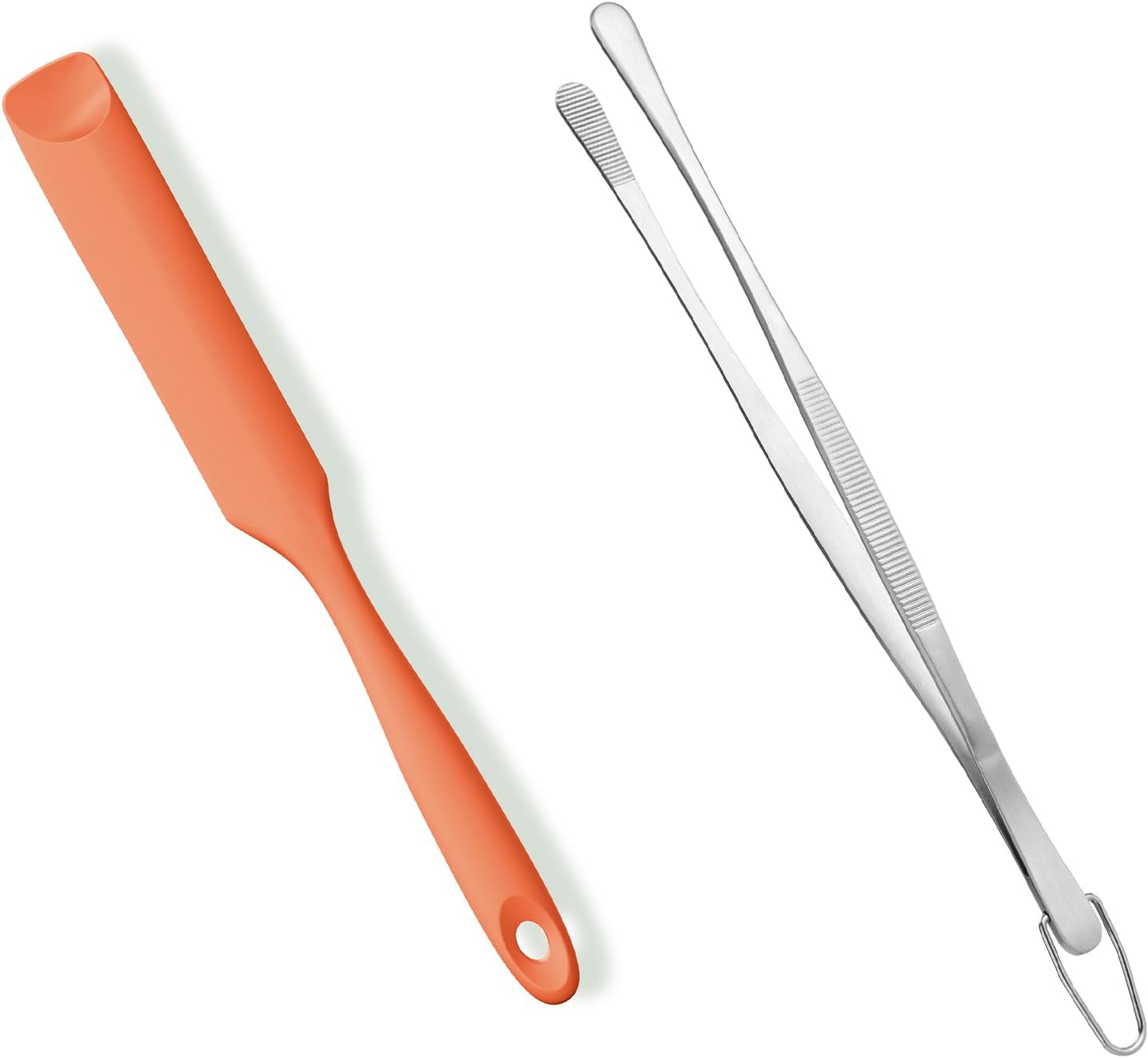 600ºF Heat-Resistant Food-Grade 10in Skinny Silicone Jar Spatula with Spoon Tip Orange and 10in Kitchen Cooking Tweezer: 18/8 Stainless Steel Food-Grade Metal Food Tong Round Tip