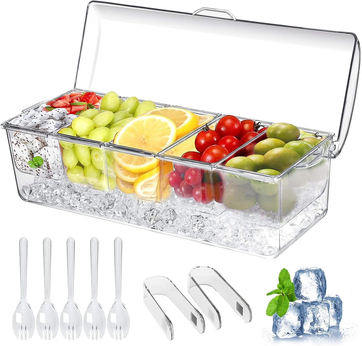 Large Ice Chilled Condiment Caddy,Chilled Condiment Containers Server with Lids for 5 Removable Compartments 2.5 cup ,Serving Platters, Fruit & Garnish Tray for Party Supplies & Bar Accessories