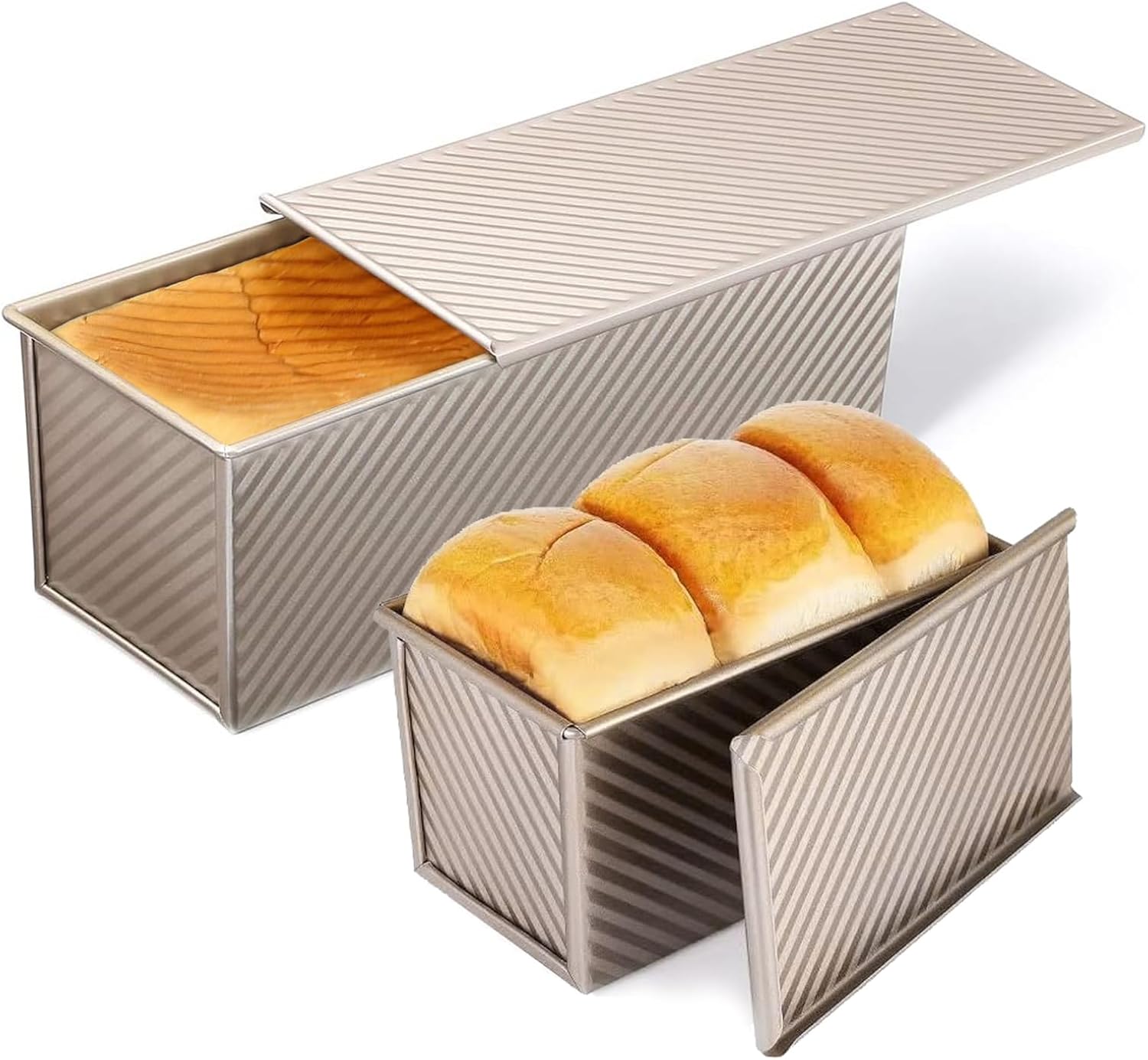 2 Pack Pullman Loaf Pan with Lid, 13x4 & 9x4 inch 2.2 lb & 1 lb Dough Capacity , Non-Stick Sandwich Bread Loaf Pan for Homemade Baking Bread, Gold