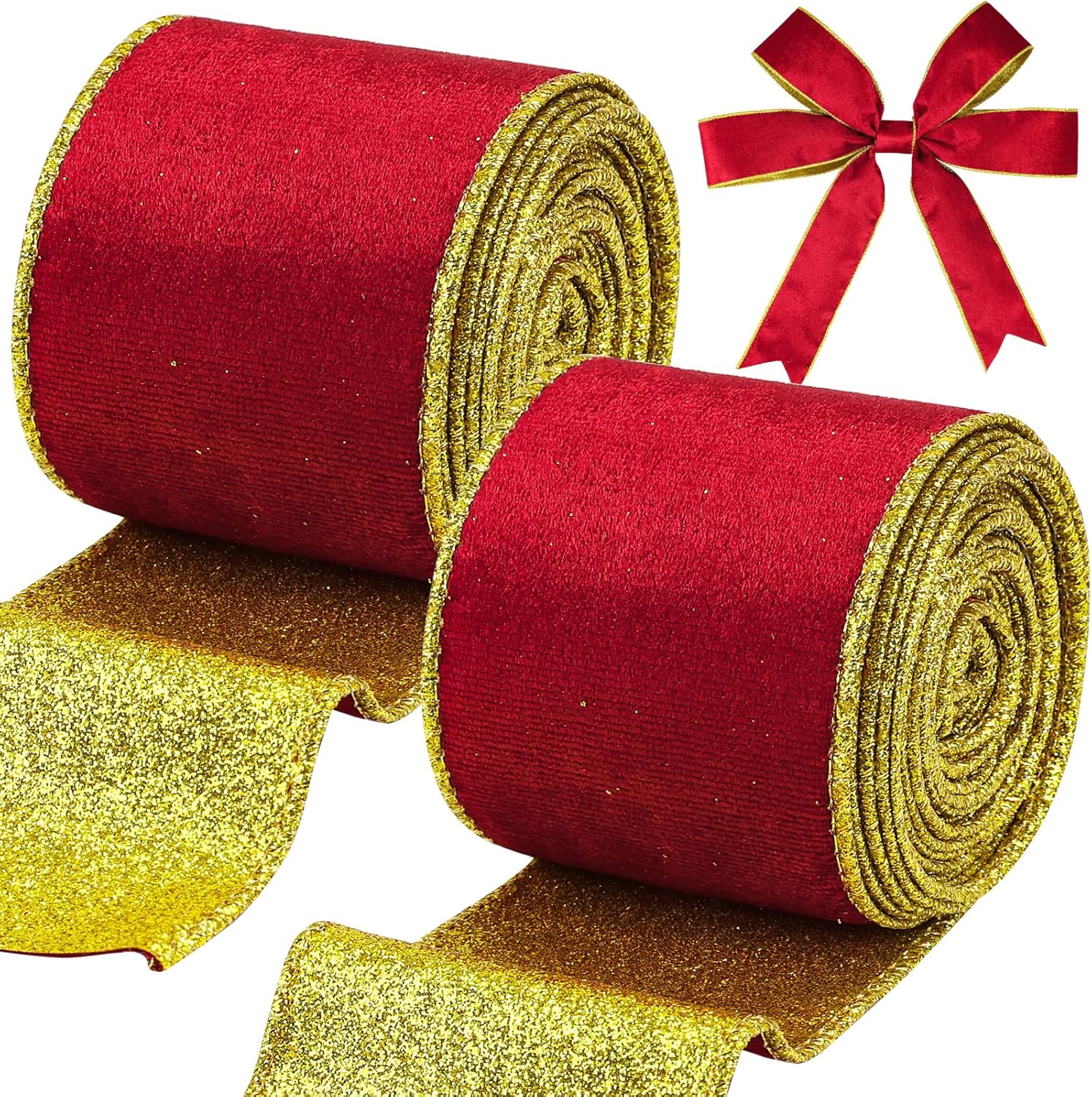 Red Velvet Wired Ribbon, Christmas Ribbon with Gold Metallic Glitter for Gift Wrapping Christmas Tree Decoration Topper Bows Making Wedding Decor Crafts Wreaths Supplies 2.5 Inch x 10 Yards