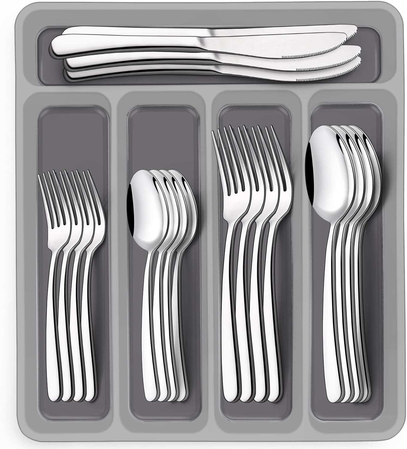 40-Piece Silverware Set with Organizer, Heavy Duty Stainless Steel Flatware Set for 8, Food-Grade Tableware Cutlery Set, Utensil Sets for Home Restaurant, Mirror Finish, Dishwasher Safe