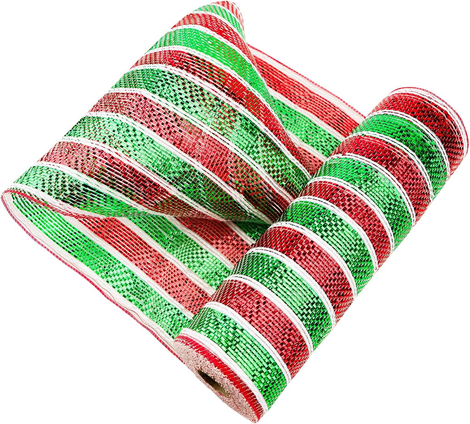 Red and Green Mesh Ribbon - 10 Inch Metallic Foil Stripe Decor for Christmas Tree, Wreaths, DIY Crafts, Valentine's Day