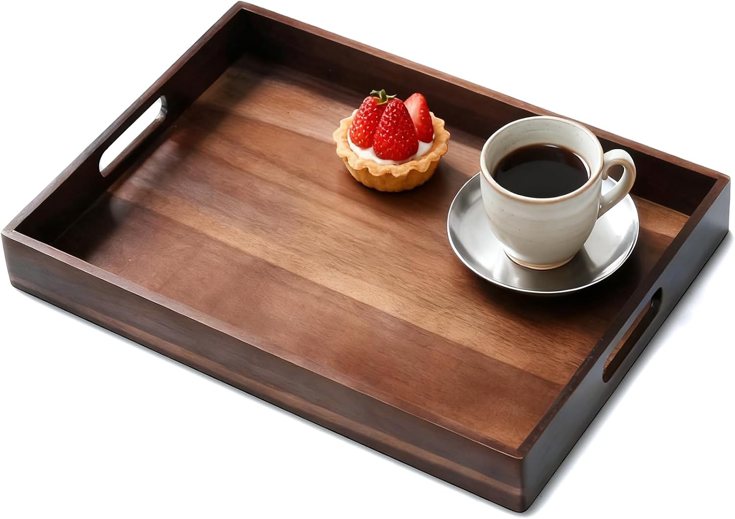 Acacia Wood Serving Tray with Handles, 17 Inch Wooden Tray for Ottoman, Breakfast, Lunch, Dinner, Decorative Rectangular Tray for Living Room, Kitchen Counter, Outdoor