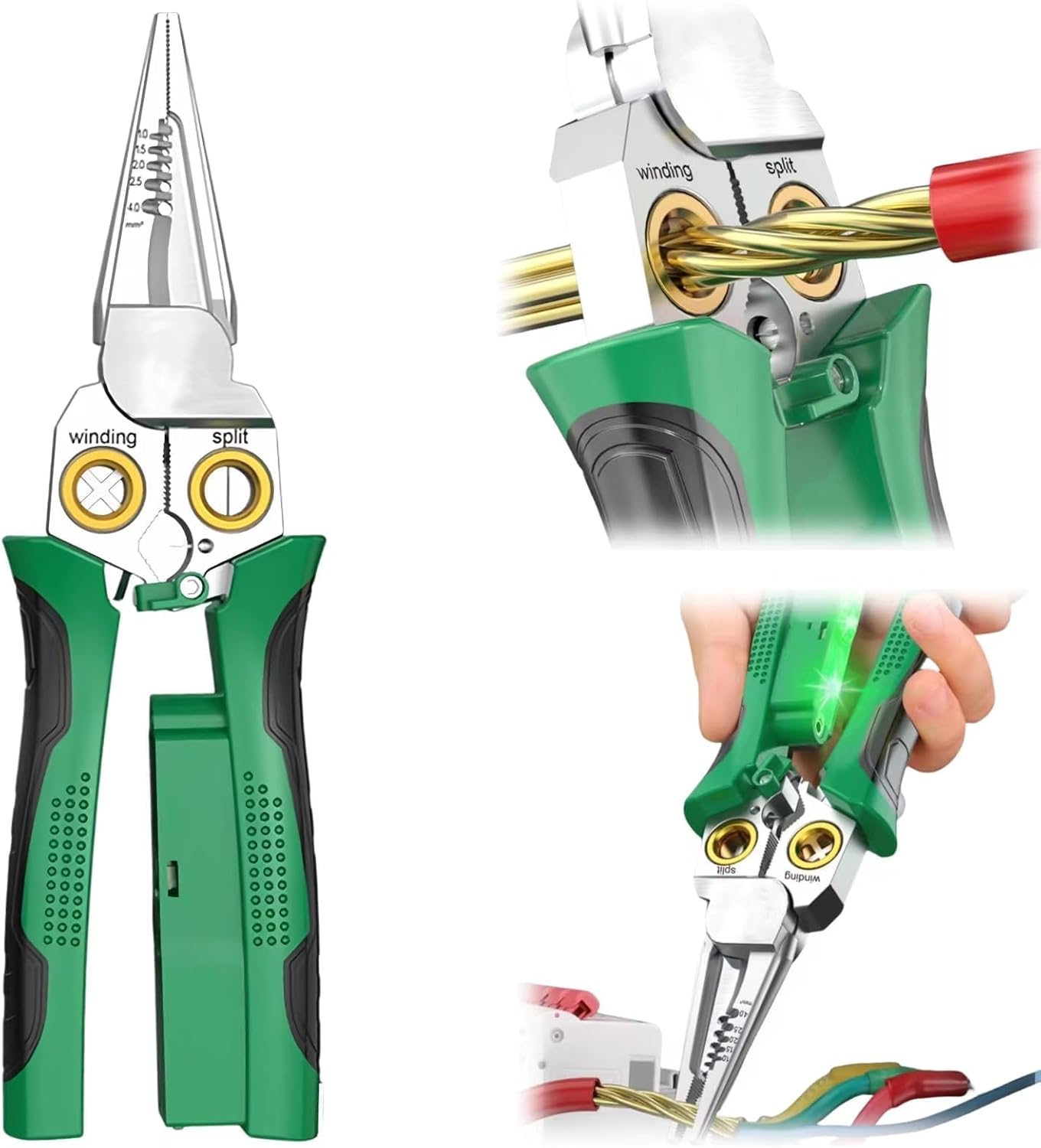 Pro 8-in-1 Wire Stripper/Cutter with Voltage Tester & Dual Alarms - Heavy Duty 12-250V AC/DC Electrical Tester for Hot/Neutral Wires - Electrician, HVAC, Car Repair Tool Green