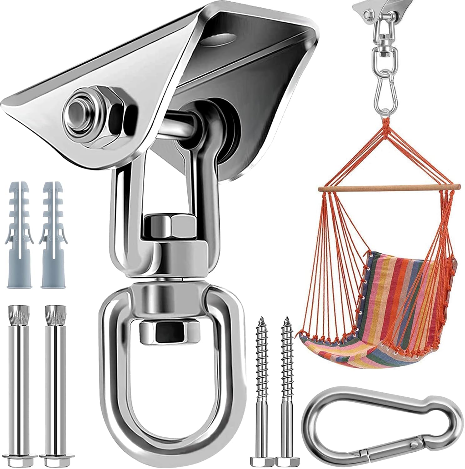 360 Rotating Hammock Hanging Kit - Heavy Duty Stainless Steel 1000 lb Loading Hammock Hooks for Trapeze, Yoga, Boxing Bag, Hammock Chair, Porch
