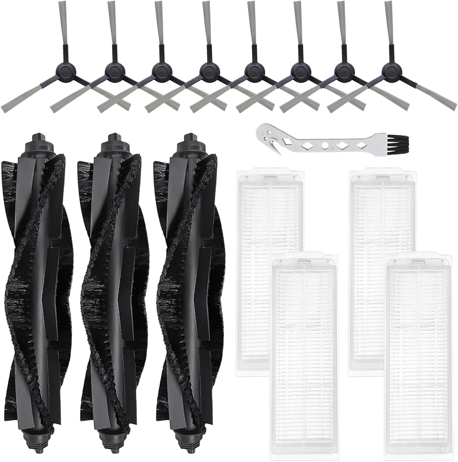 WVCR200S Replacement Parts for WYZE Robot Vacuum Cleaner WVCR200S Spare Accessories, 3 Main Roller Brush, 8 Side Brushes, 4 Hepa Filters, 1 Cleaning Tool
