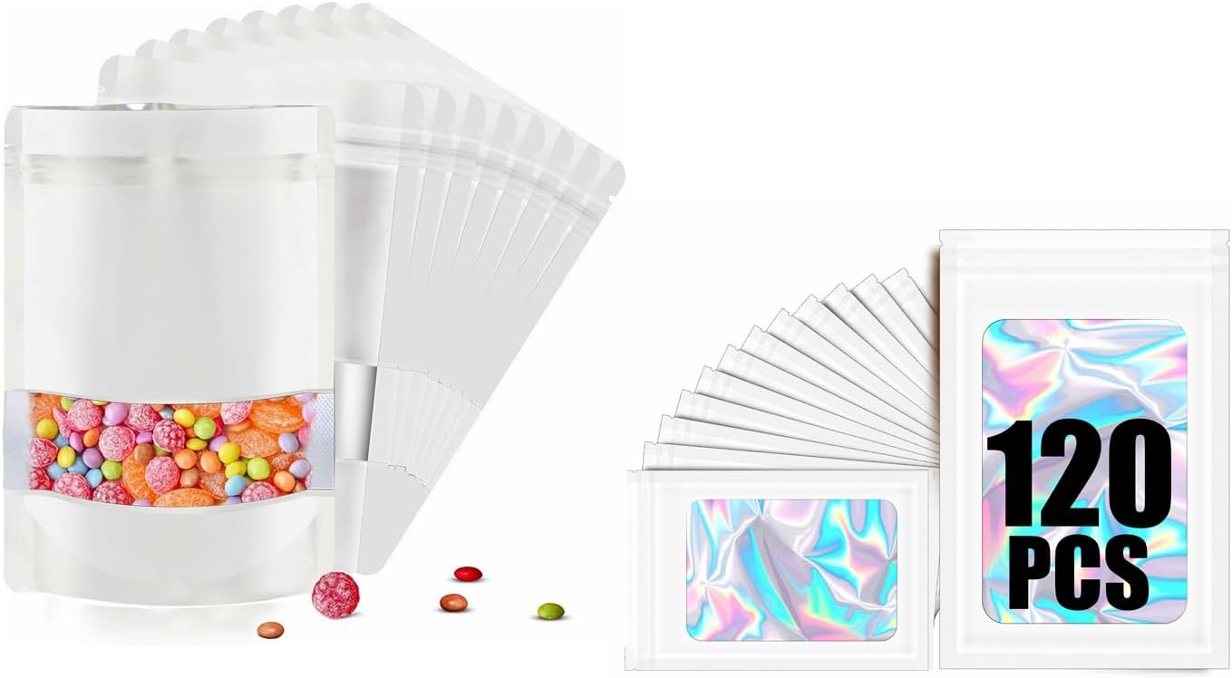 120pcs Mylar Bags for Food Storage+120pcs Holographic Packaging Bags white