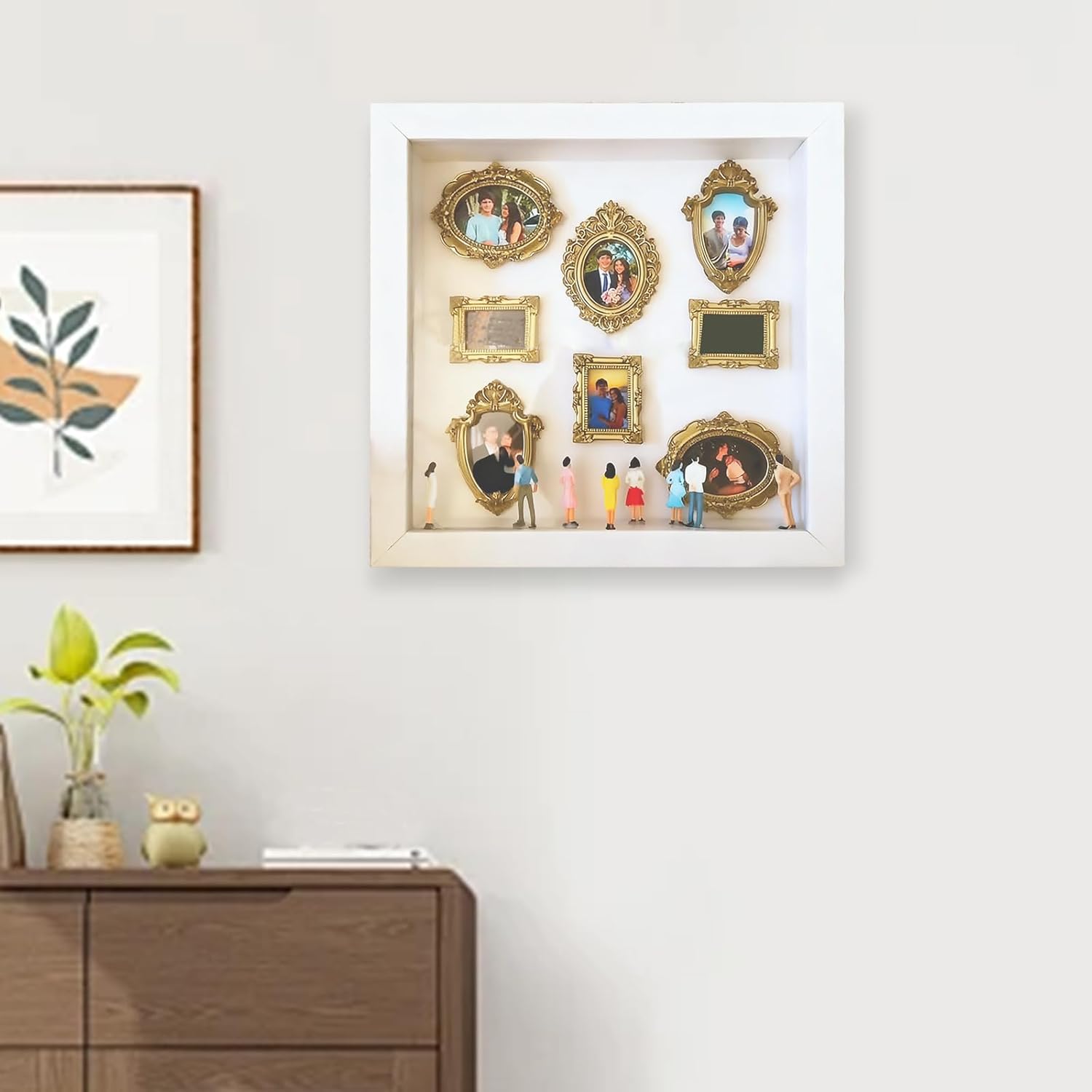 DIY Mini Museum Silhouette Box–Celebrate Your Unique Memories in Style, Personalized DIY Photo Family Memory Display Case Frame Silhouette Box with Gold Mini Frames & Figurines White