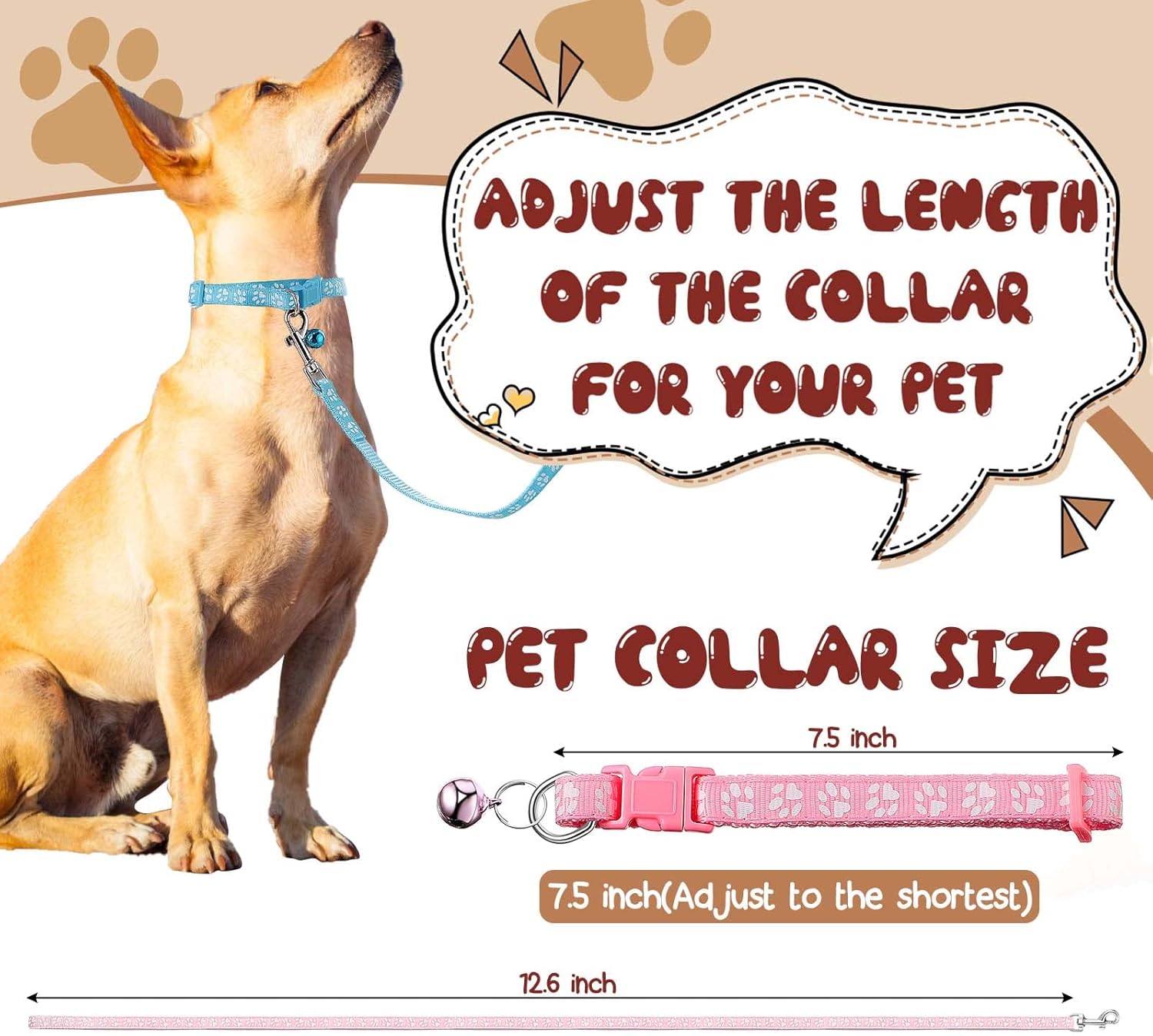 Amylove 48 Pcs Dog Collar and Leash Set, Polypropylene Adjustable Puppy Collars for Medium Dogs Small Pet Puppy Walking Training with Hook and Buckle Multicolor,Paws Pattern