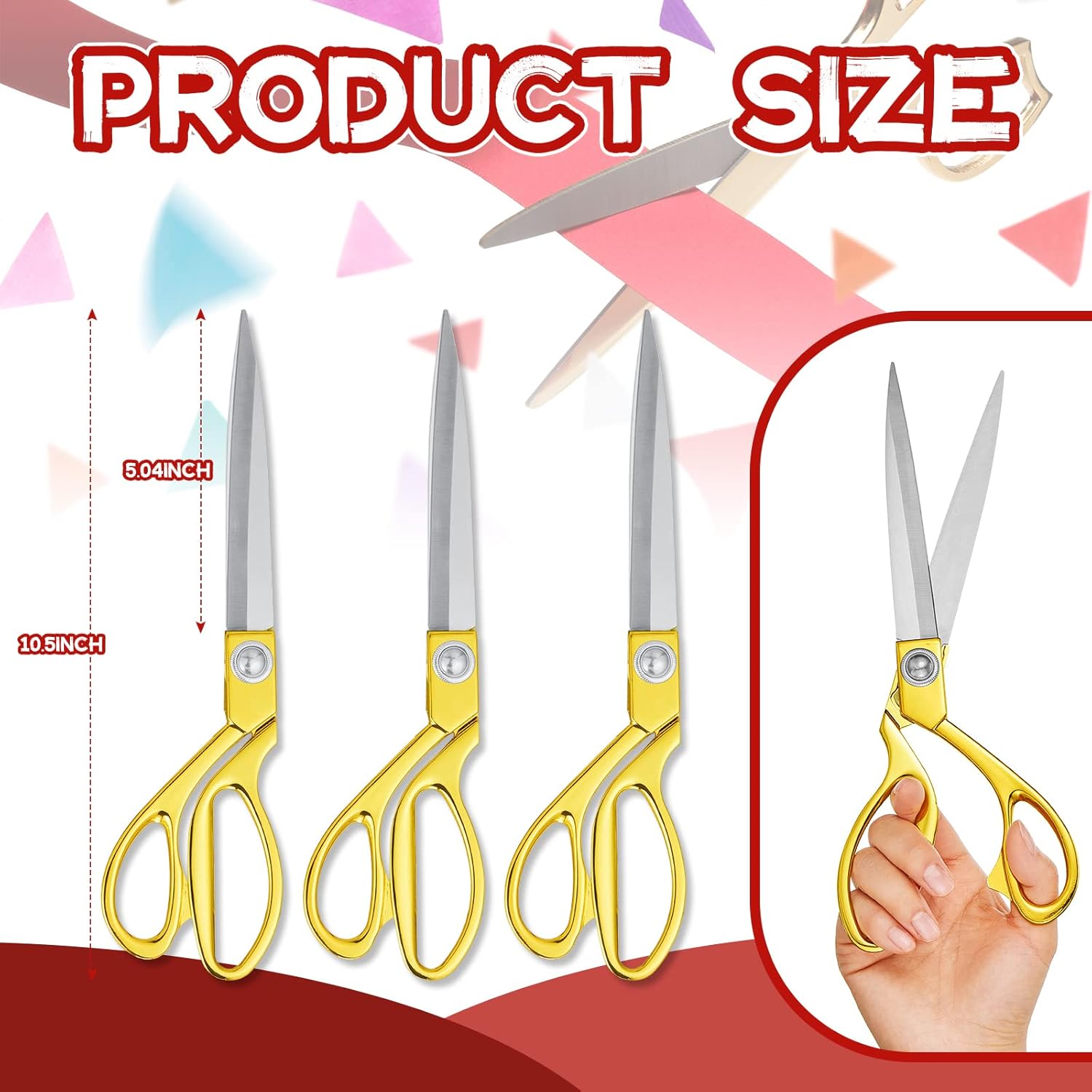 Amylove 3 Pcs Ribbon Cutting Scissors Metal Heavy Duty Stainless Steel Fabric Tailor for Ceremony Events Inaugurations Dressmaking Sewing Plastic Cardboard, 10.43 x 2.76 Inch Style1,Gold