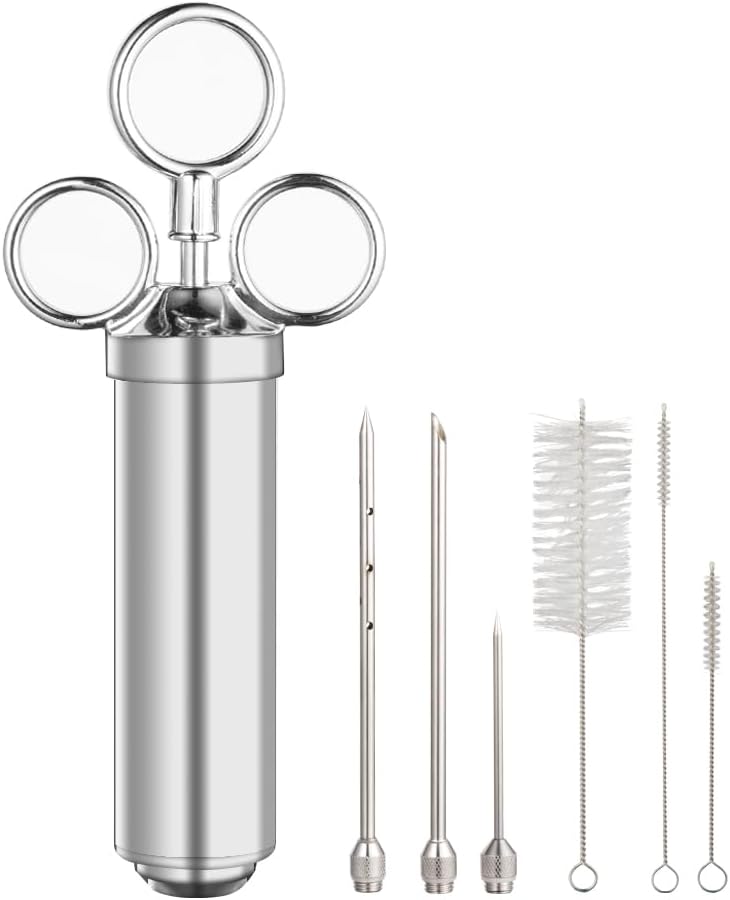 Meat Injector Syringe, 2oz Turkey Injector Seasoning, 304-Stainless Steel Seasoning Injector with 3 Marinade Needles and 3 Cleaning Brushes for Smoked BBQ Grilling
