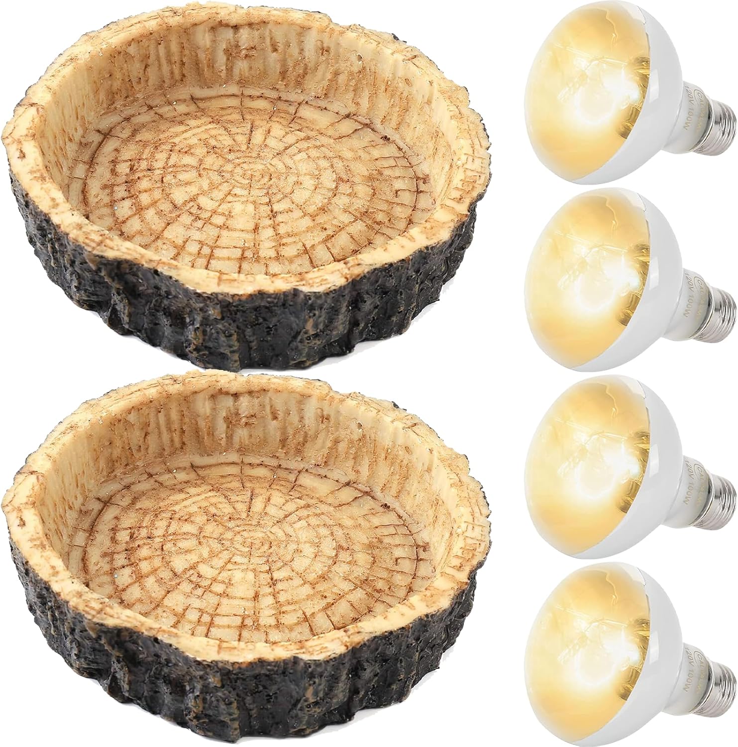 4-Pack Reptile Bowls and 100W UVA Heat Lamp Bulbs, 2-Pack Water and Food Bowls and 4-Pack Reptile Heat Lamp Bulbs