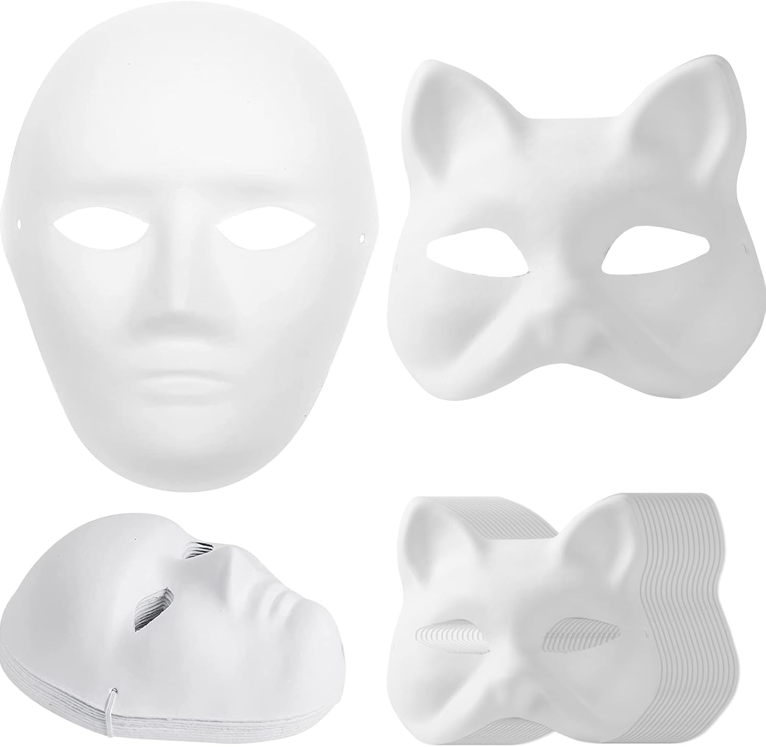 14-Pack Paper Mache Masks 2 Sizes & 16-Pack Cat Mask White Blank for Party, Cosplay, Artistic Projects, Theater, Halloween, Masquerade Parties, Classroom Art