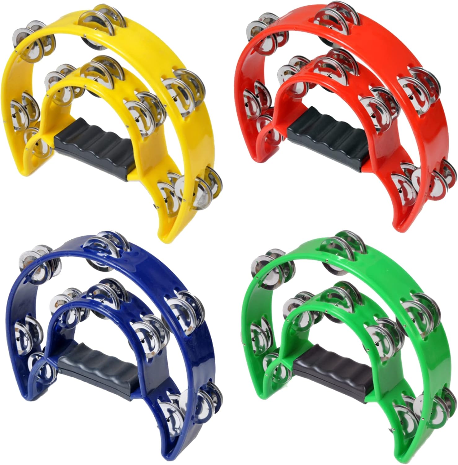 Double Row Tambourine, Half-Moon Musical Tambourine Hand Held for Kids, Adults, Party, KTV 4 colors 9 inch, Pack of 4