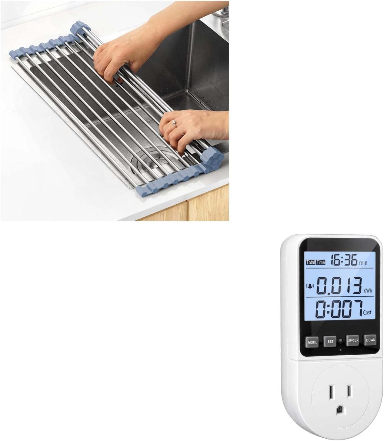 Over The Sink Dish Drying Rack, Roll Up Dish Drying Rack Kitchen Dish Rack + Upgraded Watt Meter, Watt Usage Meter Plug Home Energy Monitor Consumption