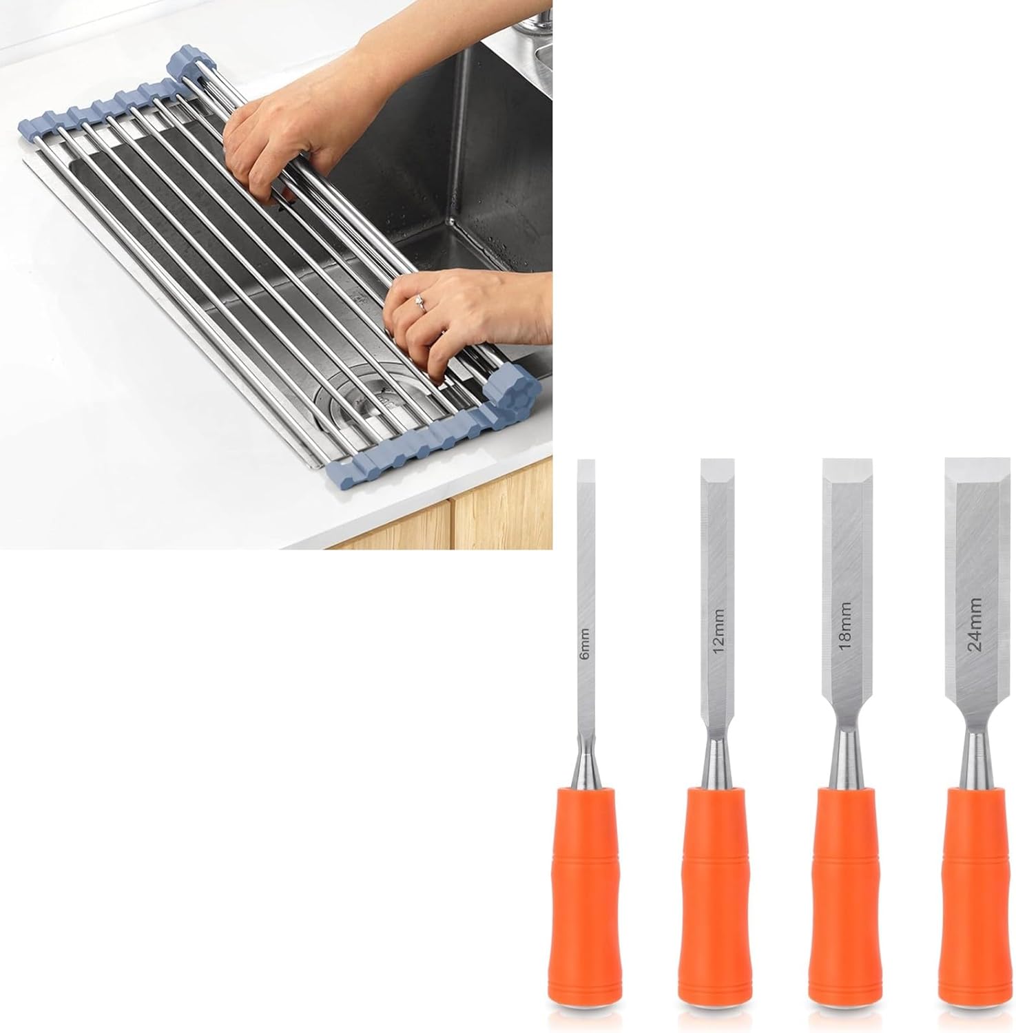 Over The Sink Dish Drying Rack,Foldable Dish Drainer, Gray + 4 Piece Wood Chisel Sets Woodworking Tools Set