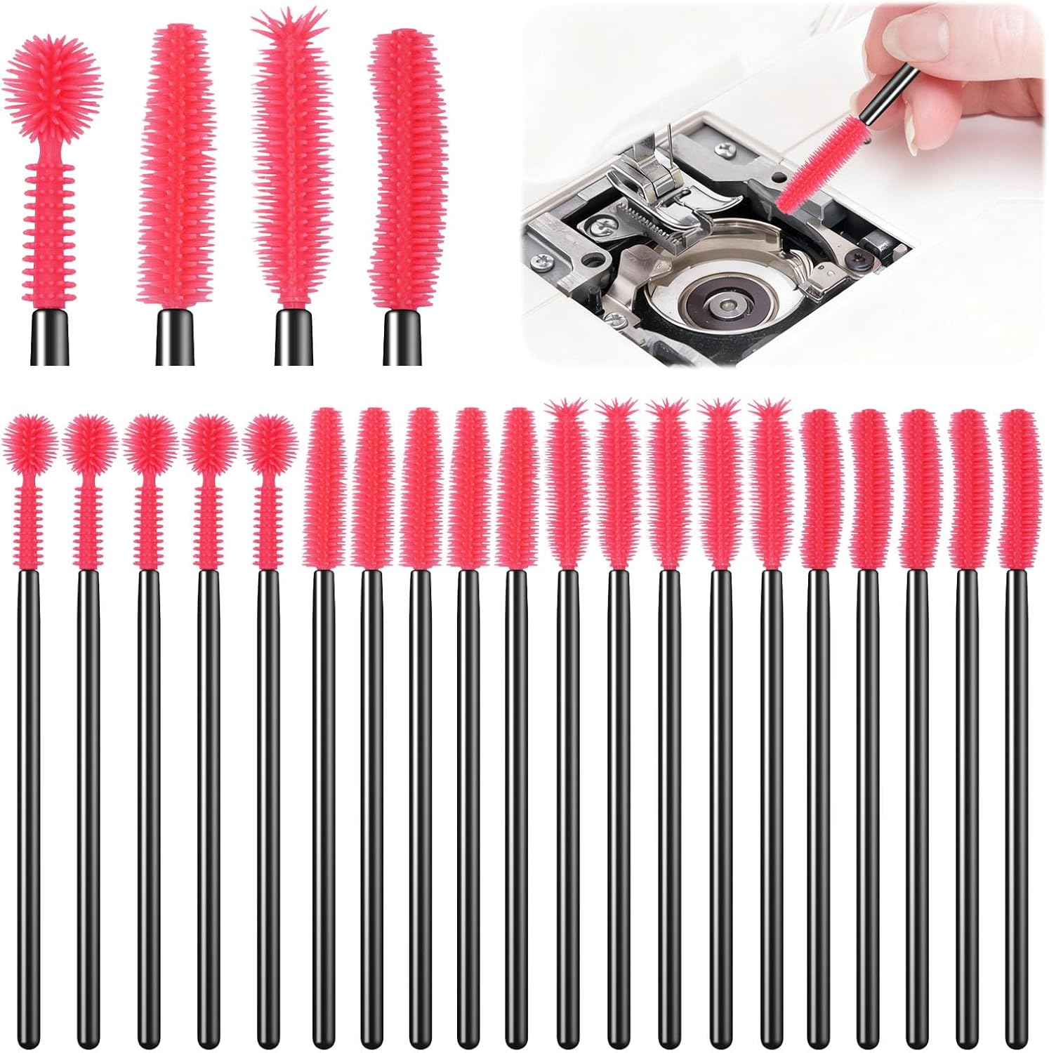 20Pcs Sewing Machine Cleaning Brushes,4 Different Type Reusable Silicone Long Handle Dense Bristles Cleaning Tools for Sewing Machine Internal and Spool Area Machine Parts/Crevice/Dust Clean