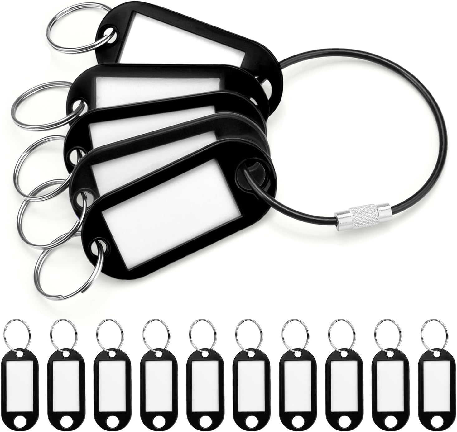 CooBigo 10 Pack Plastic Key Tags with Labels and Split Ring, Black Cable Key Ring and Key Labels for Keys, USB Drive and Luggage Organization - Black