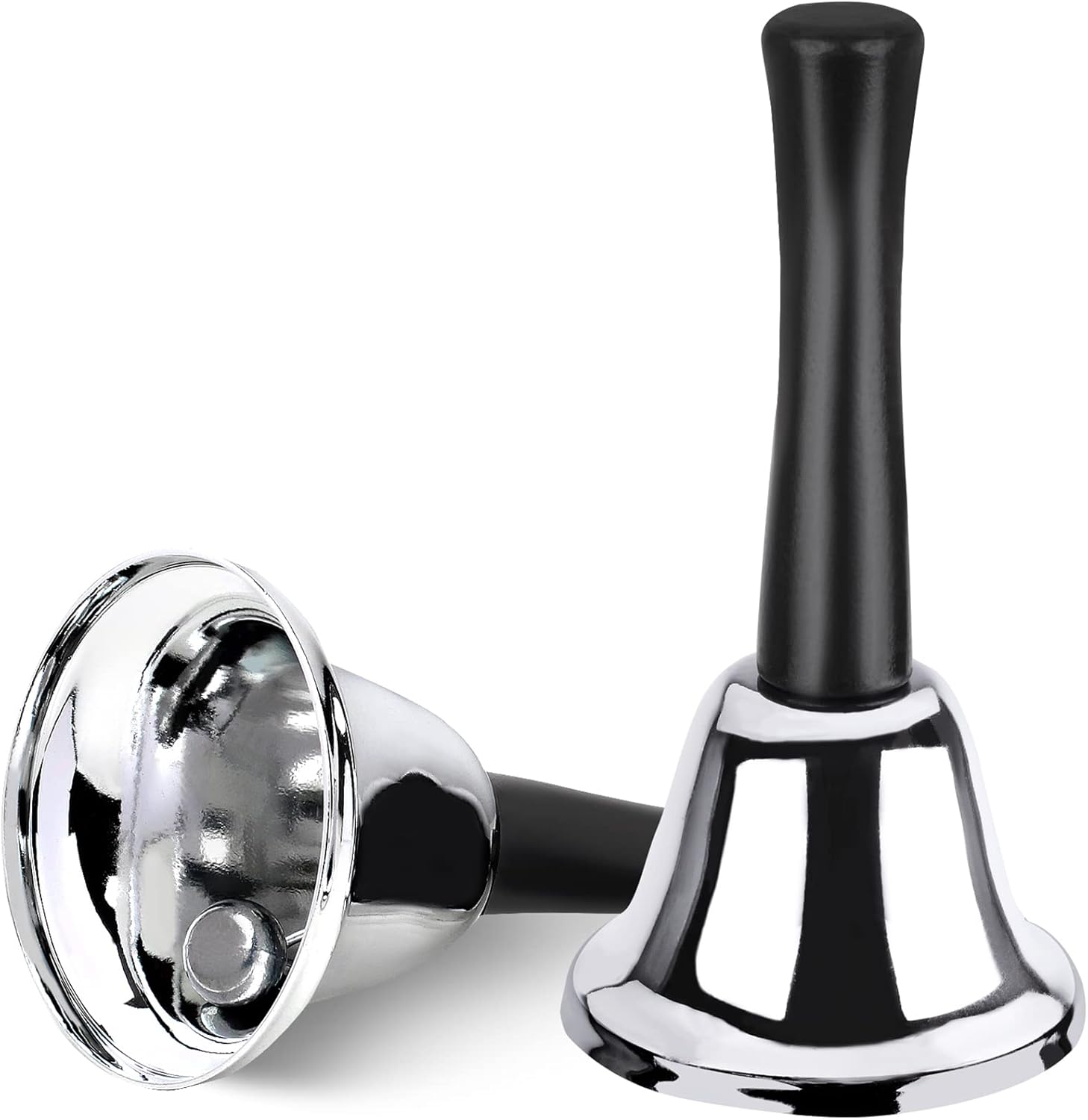 2 Pack Hand Bell, Silver Steel Bell, Ringing Bell with Handle, Dinner Bells for Inside Classroom Bell, for Food Line, Alarm, Jingles, Ringing Silver