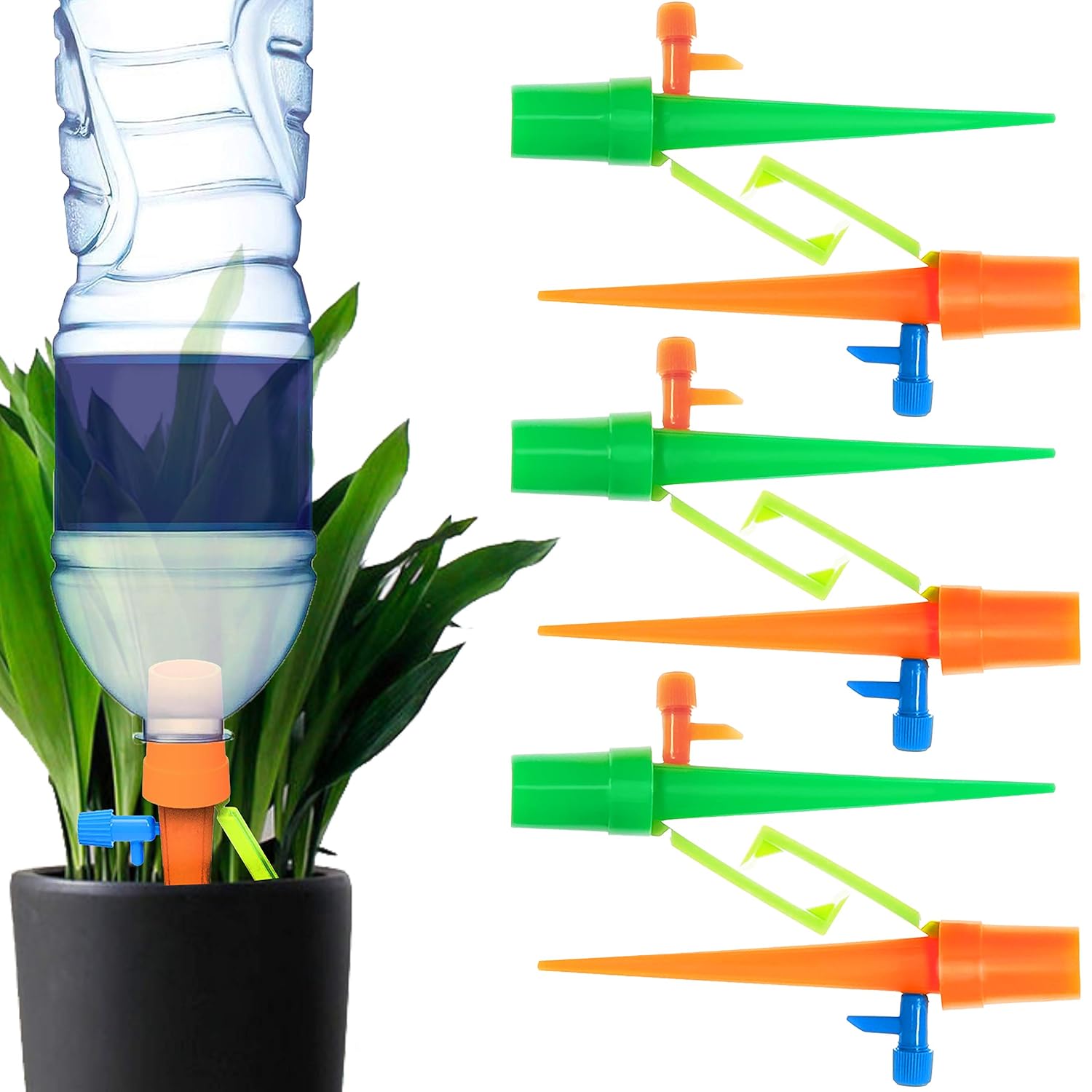Plant Self Watering Spikes Automatic Irrigation Equipment Adjtable Self Watering Spikes for Plants with Slow Release Control Valve Orange Green, 6pcs
