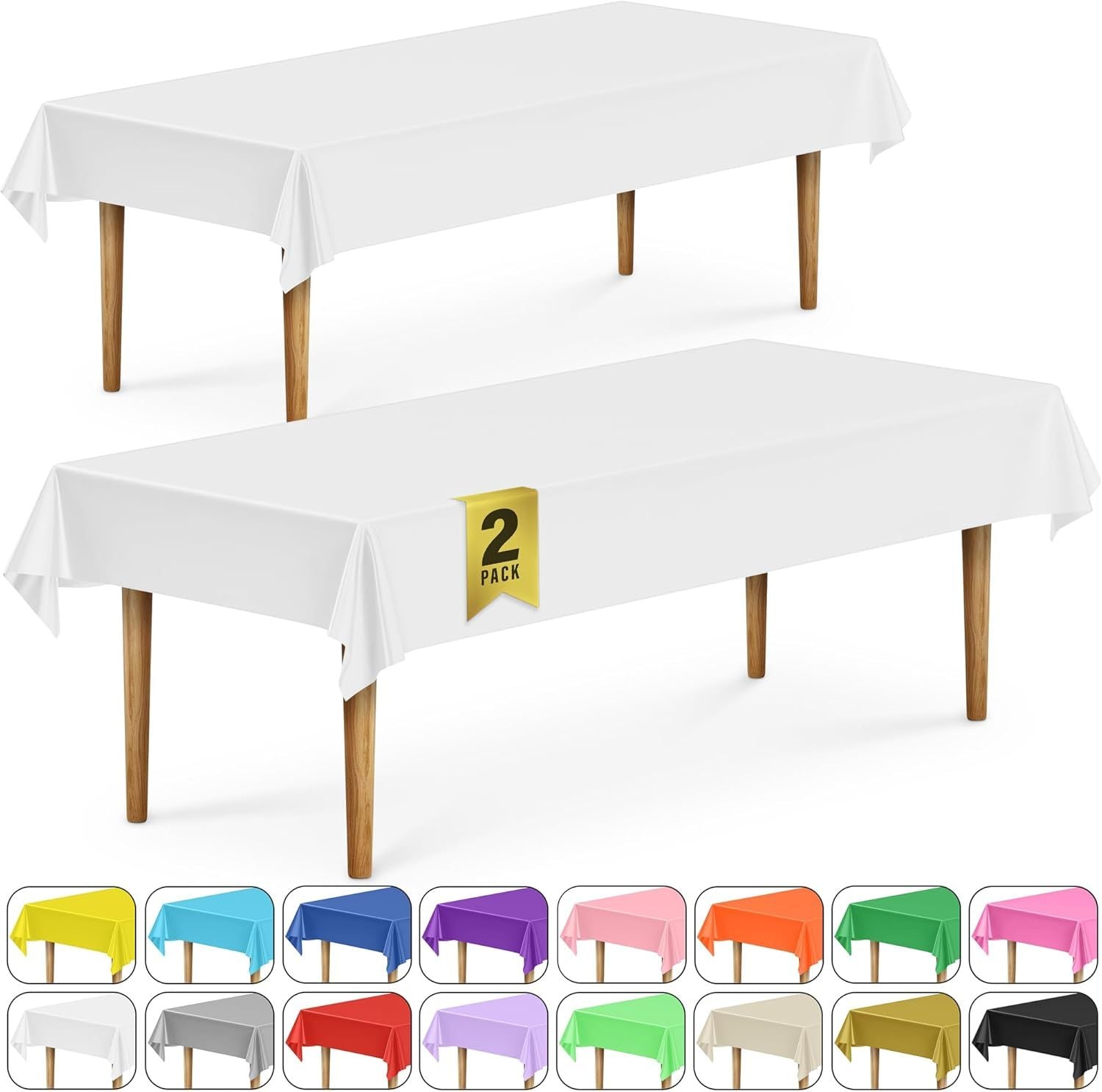 2 Rectangular Tablecloths, BPA-Free Plastic, 54 x 108 Inch, Disposable or Reusable Table Cover for Parties, Picnic & Outdoor, White 2 Pack, Individually Wrapped