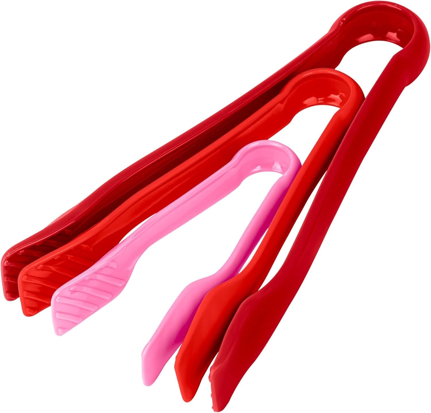 3 Pcs 6” x 8” x 10” Multi Colored Plastic Tong Set, 3 Pack Durable BPA-Free Quality Heavy Duty Perfect for BBQ, Grilling, Salad, Buffets and Kitchen Pink, Red