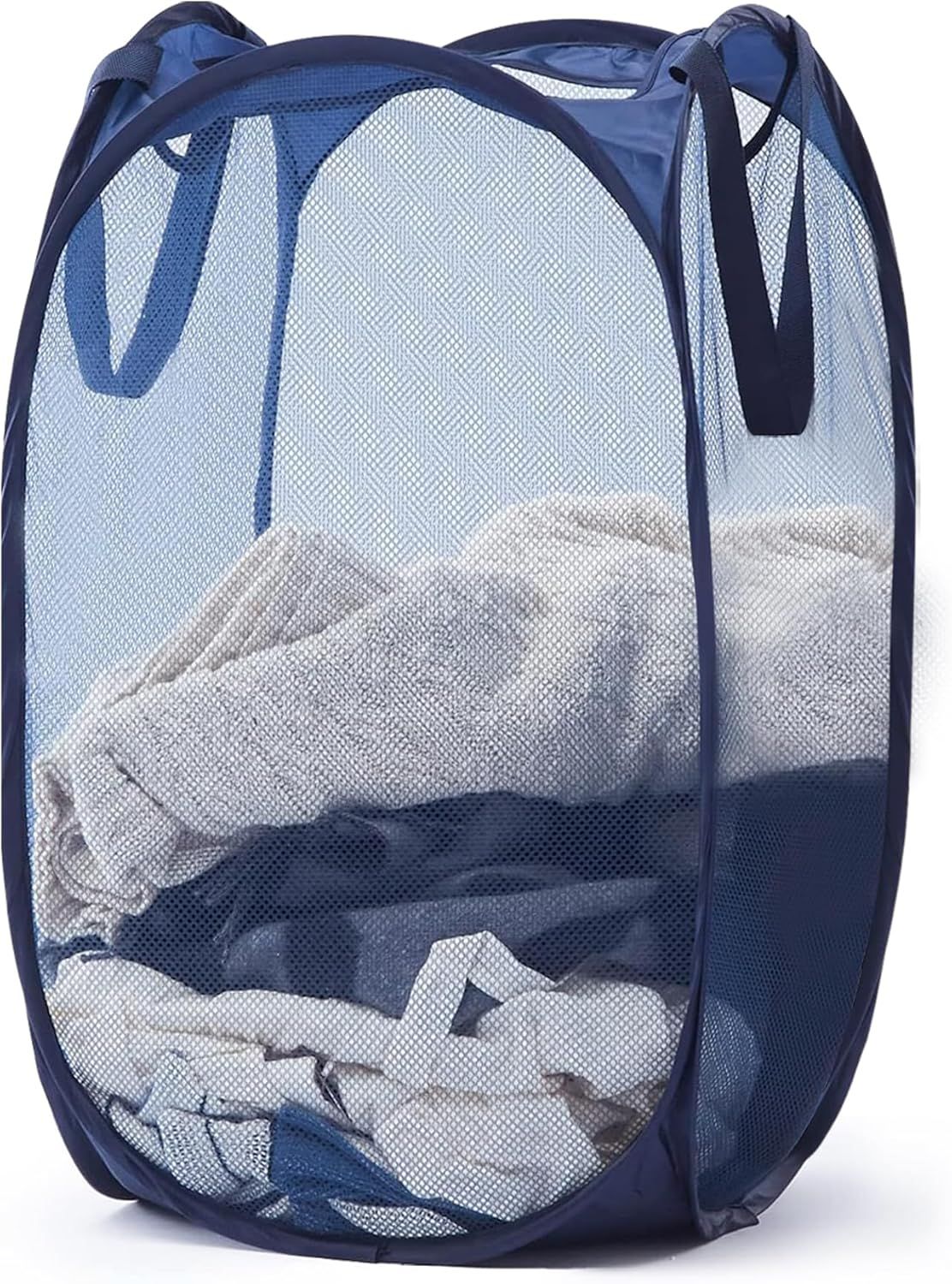 1 Pack Mesh Pop Up Laundry Hamper, Lightweight Foldable Clothes Basket with Easy Carry Handles, Durable Mesh Design for Air Circulation and Simple Storage, Navy 1 Pack