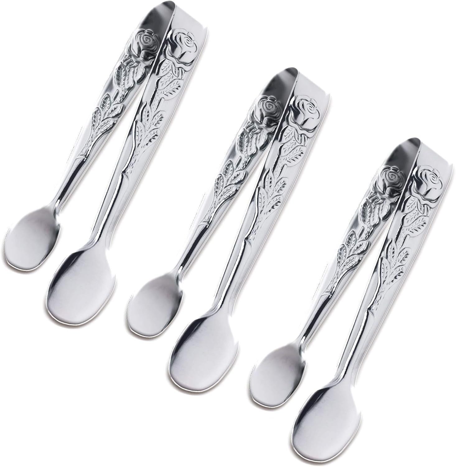 3PCS Mini Serving Tongs, 4Inch Rose Stainless Steel Sugar Cube Tongs, Sliver Small Ice Tong for Tea and Coffee Party, Appetizers, Desserts by Silver