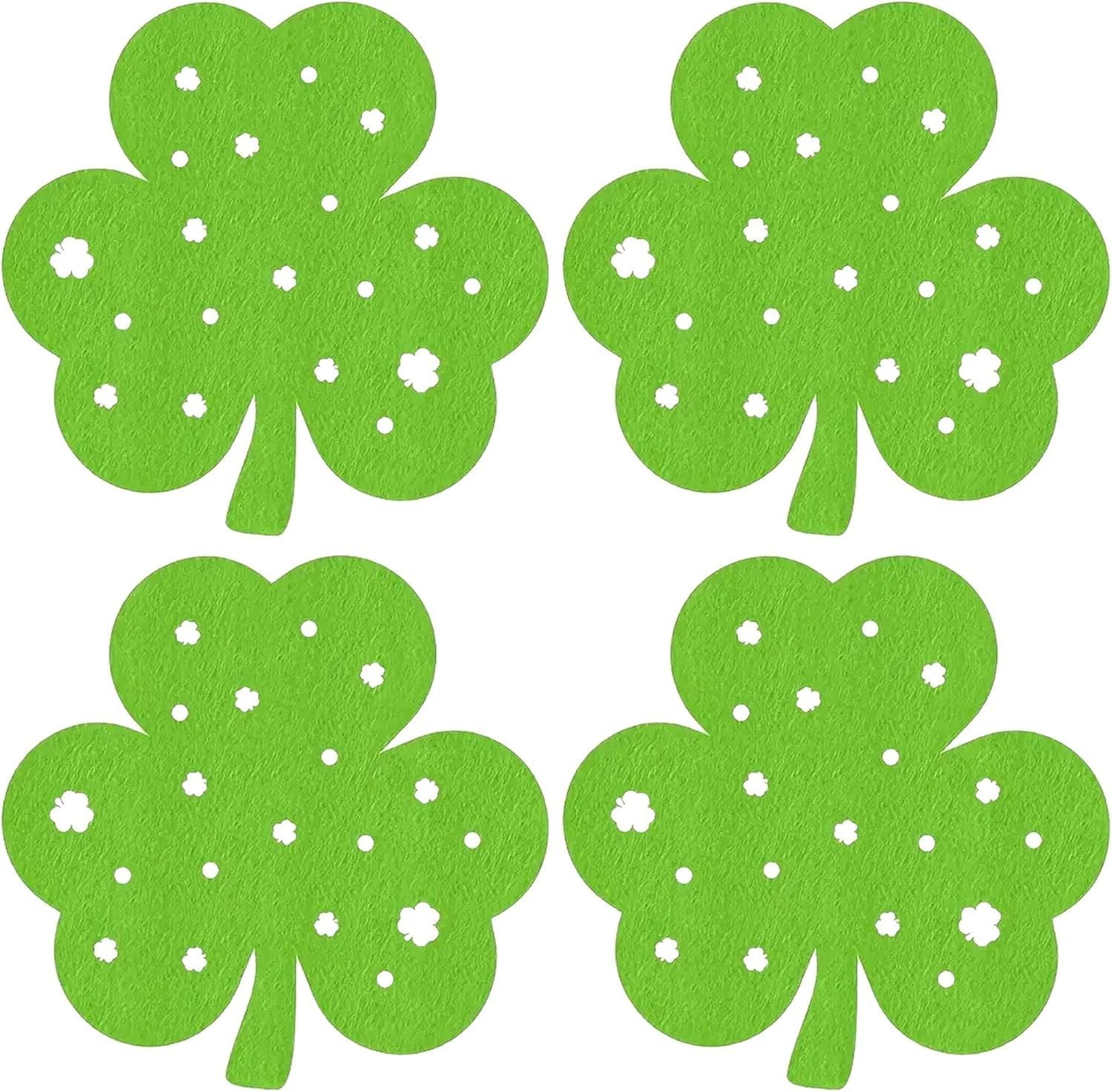 St Patricks Day Placemats Set of 4, Felt Green Shamrock Place Mats, Lucky Clover Table Mats for St Patrick's Day Irish Holiday Party Kitchen Dining Outdoor Indoor Decoration Light Green