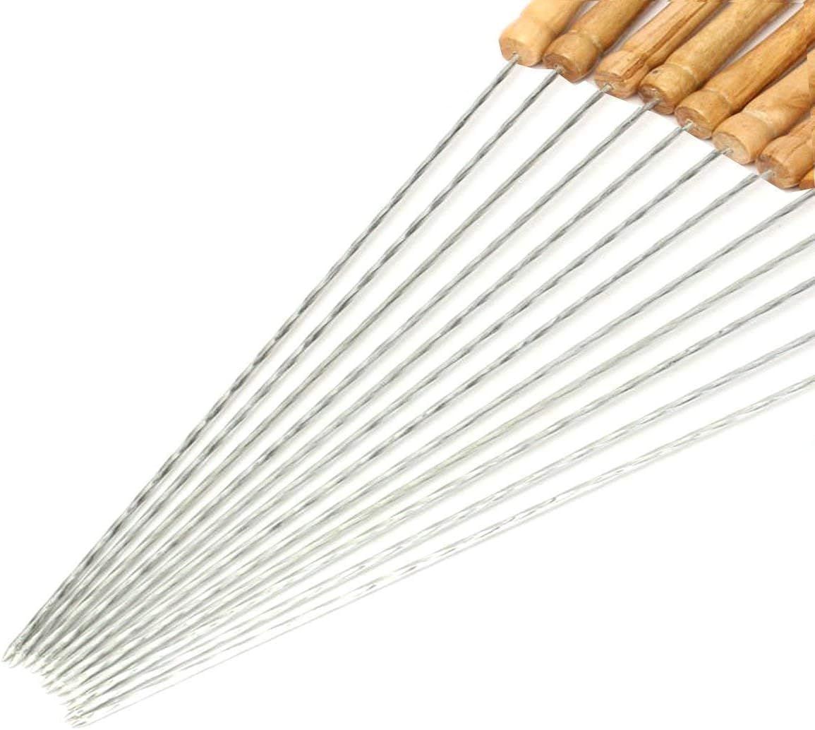 12 PCS Skewers for Grilling, Kabob Skewers with Wood Handle, Reusable BBQ Barbecue Sticks for Marshmallow, Hot Dog, Meat, Vegetable, Camping Cookware Grill Cooking, 11.7" Including Handle