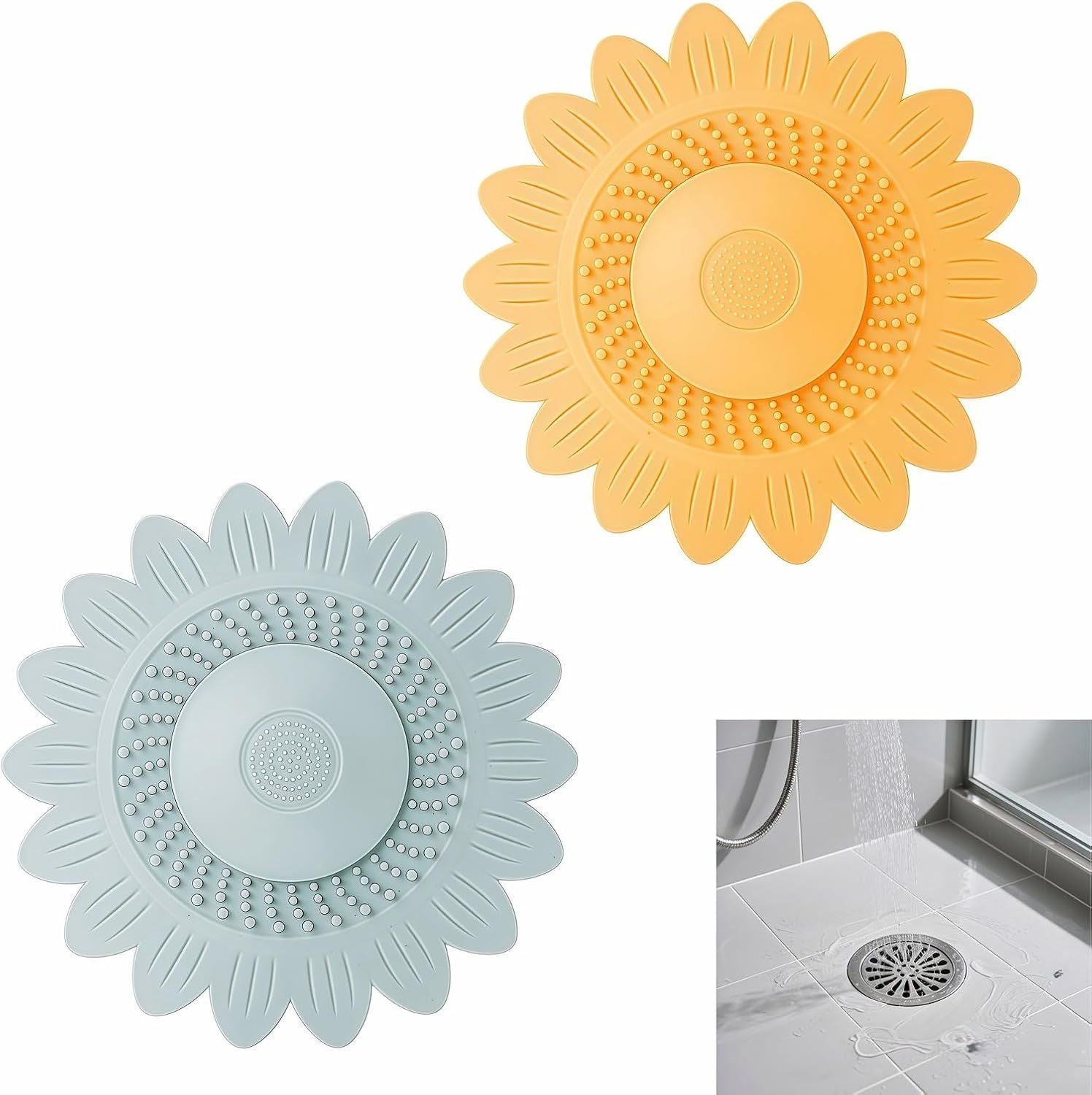 Sunflower Silicone Drain Cover,2-Pack Hair Catcher for Shower Tub Sink, Flower Shape Bathtub Drain Cover, Non-Slip Silicone Strainer for Kitchen Bathroom Laundry Blue Yellow