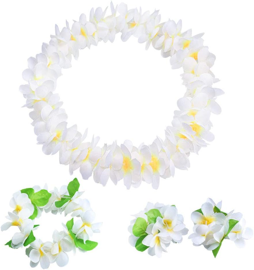 Yansanido 4 Pcs White Hawaiian Leis with Green Leaves for Graduation Party, Dance Party, Photo Prop in Outdoors White