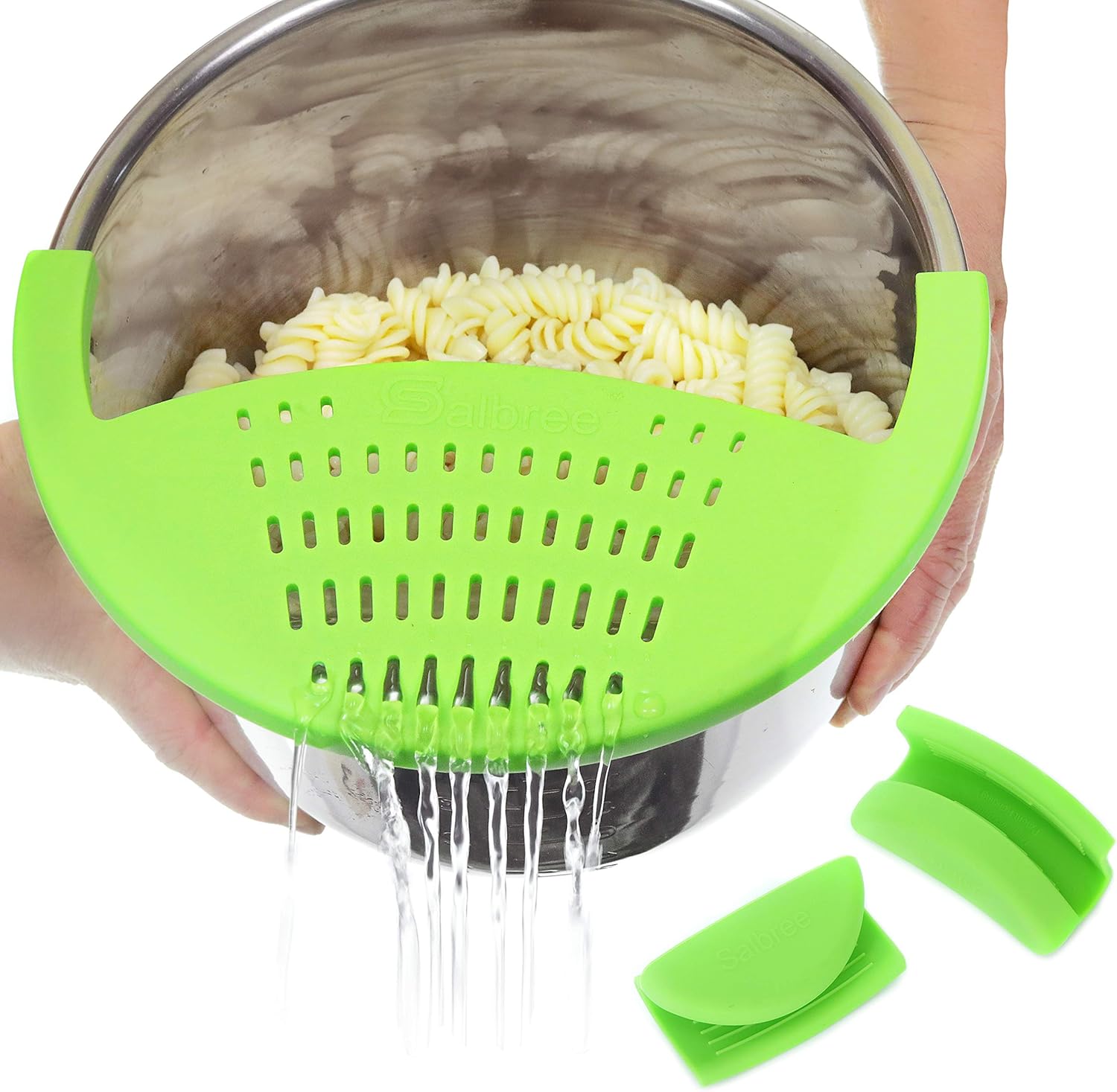 Salbree Silicone Snap Strainer fits the 6qt Instant Pot and Snaps to the 6 quart Instapot Pressure Cooker Inner Pan Small Mitts Set Included, for Straining Vegetable and Ground Beef Grease green