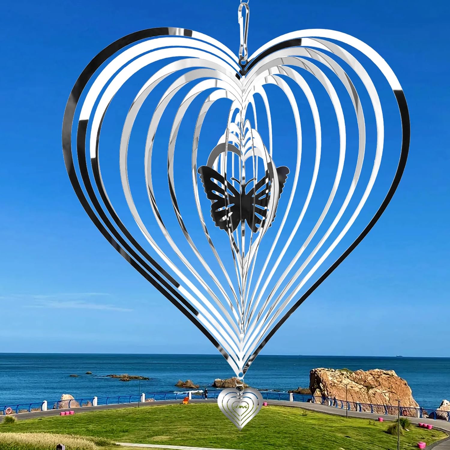 HOOSUN Metal Wind Spinners Outdoor for Yard and Garden Decor,Reflective Bird Deterrents for Outside Windows Patio Porch,Stainless Steel 3D Hanging Heart Butterfly Wind Spinners Gifts for Mom Women