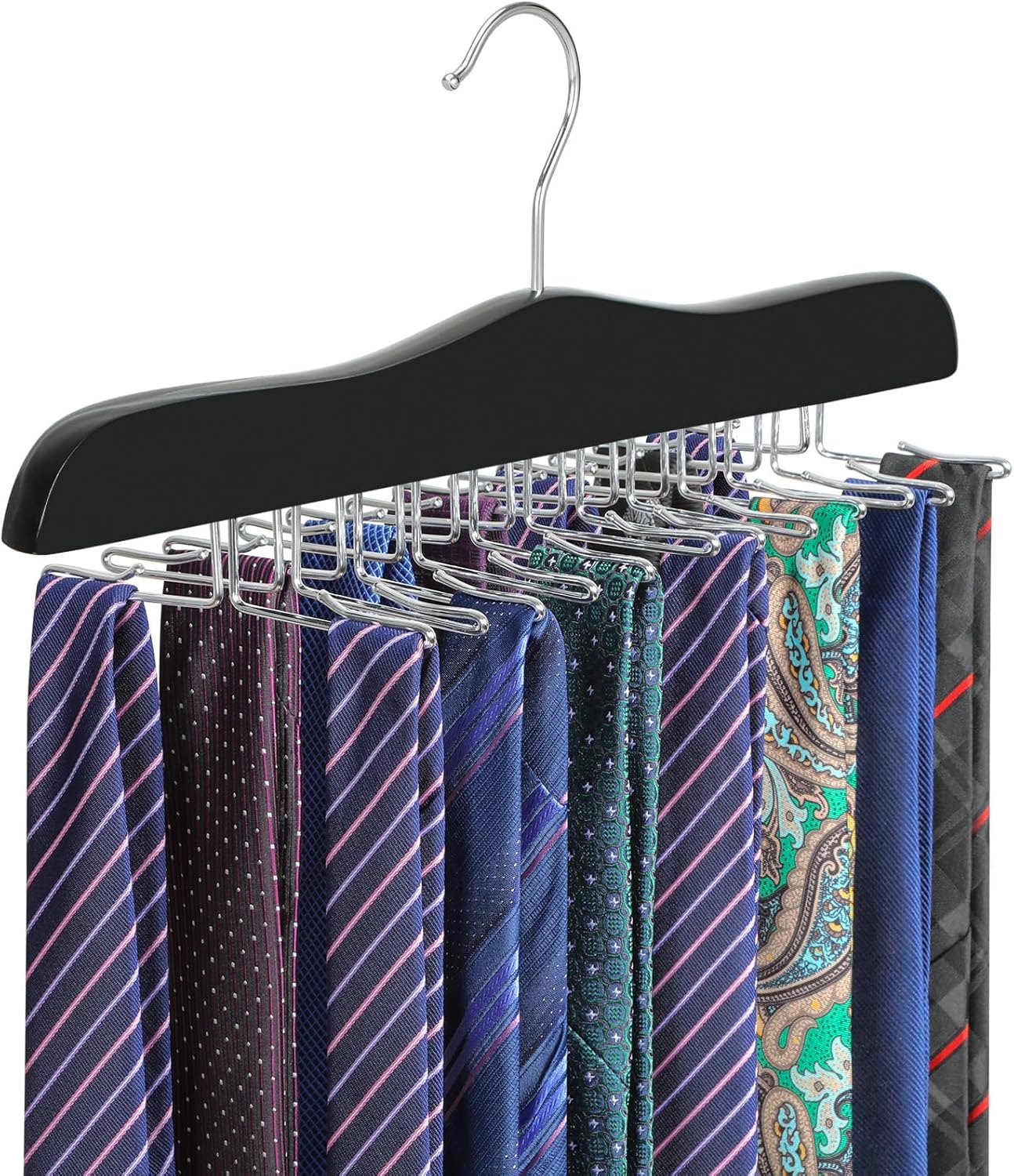 TOPIA HANGER Tie Rack Hanger for Closet, Wooden Tie Organizer for Men with 24 Folding Hooks, Space Saving Necktie Holder for Storage and Display Bra, Tank Top, Camisole 1-Pack , Black- CT14B