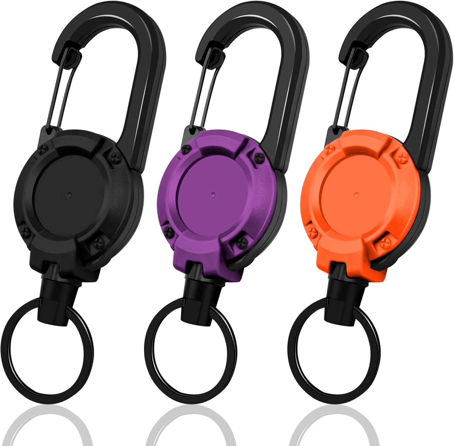 Retractable Keychain 3 Pack, Heavy Duty ID Badge Holder Reel, Multitool Carabine Key Holder for Keychain, Badge Holder with 25.6" Steel Retractable Cord Key Ring Clip, 8.8 oz Black+Purple+Orange