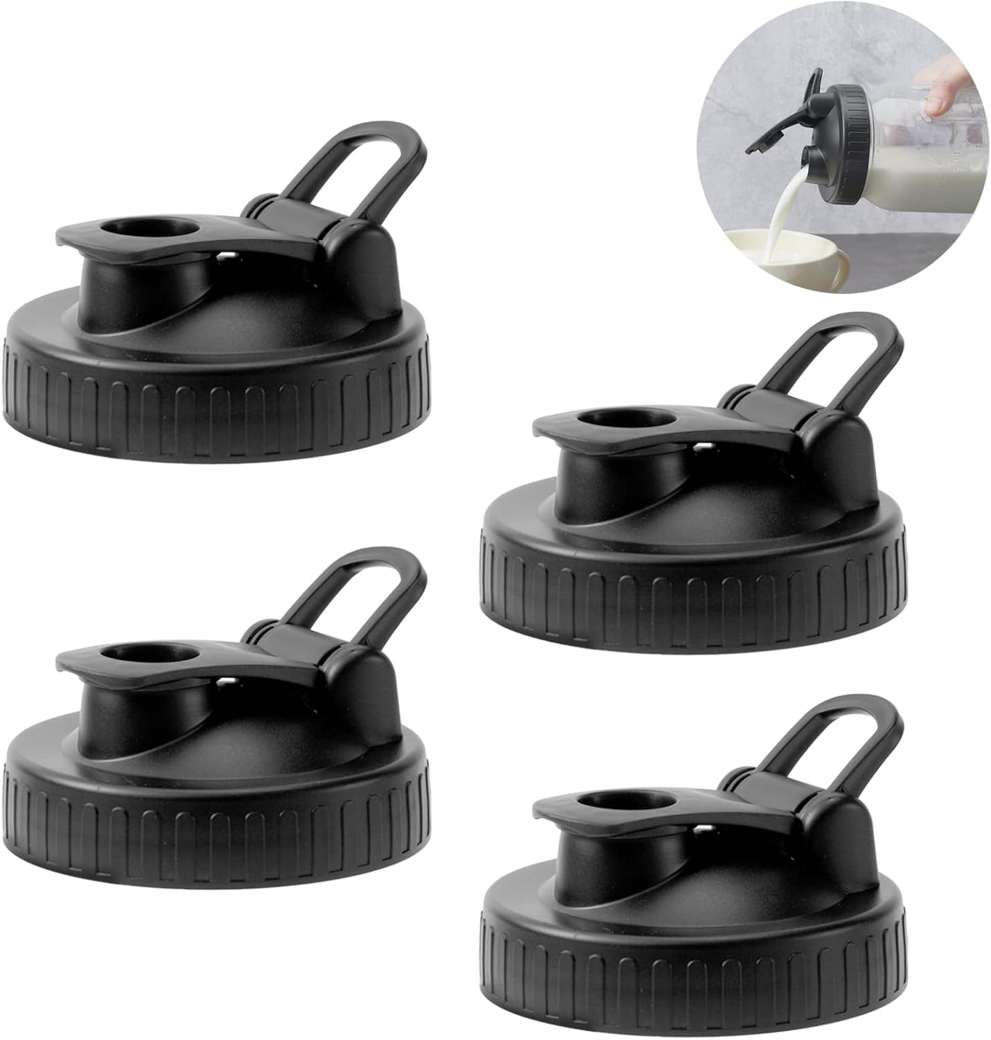 Pour Spout Lids for Ball Regular Mouth Mason Jars, Airtight Canning Jar Flip Cap Top Lid for Drinking, Salad, Dressing Pouring, Leak-Proof, Black Pack of 4