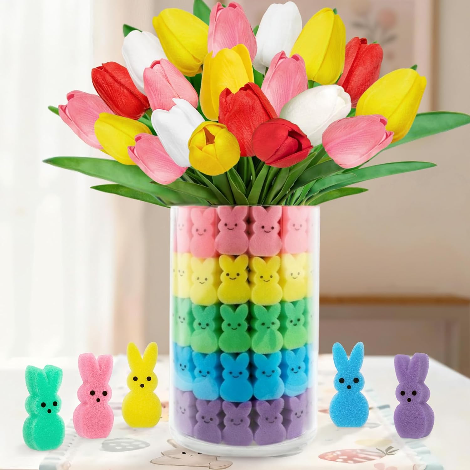 75Pcs Easter Decorations Set with 15Pcs Artificial Tulips and 60Pcs Sponge Bunnies Peeps Vase Filler, Spring Decorations for Home Indoor Decor Table Centerpiece Easter Gifts Vase Not Included