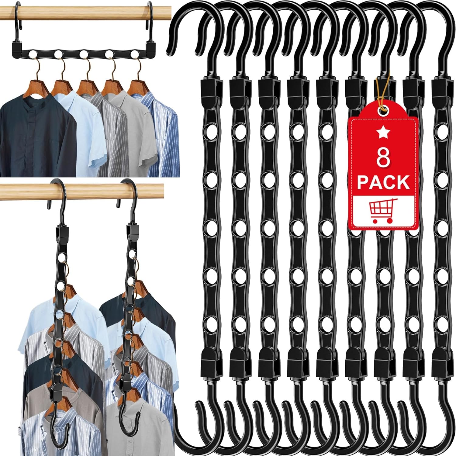 8 Pack Hangers Space Saving Magic Space Saver Storage Smart Plastic Clothes Hanger Organizer Closet Organizers and Storage for Closet Wardrobe Apartment College Dorm Room Essentials, Black