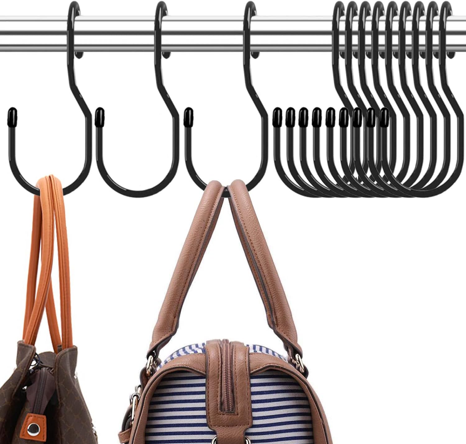 Purse Hanger for Closet, Unique Twist Design Bag Hanger Purse Hooks, 5 inch Large Size Closet Rod Hooks for Hanging Bags, Purses, Handbags, Belts, Scarves, Hats,Clothes, Pans and Pots 12 Pack Black